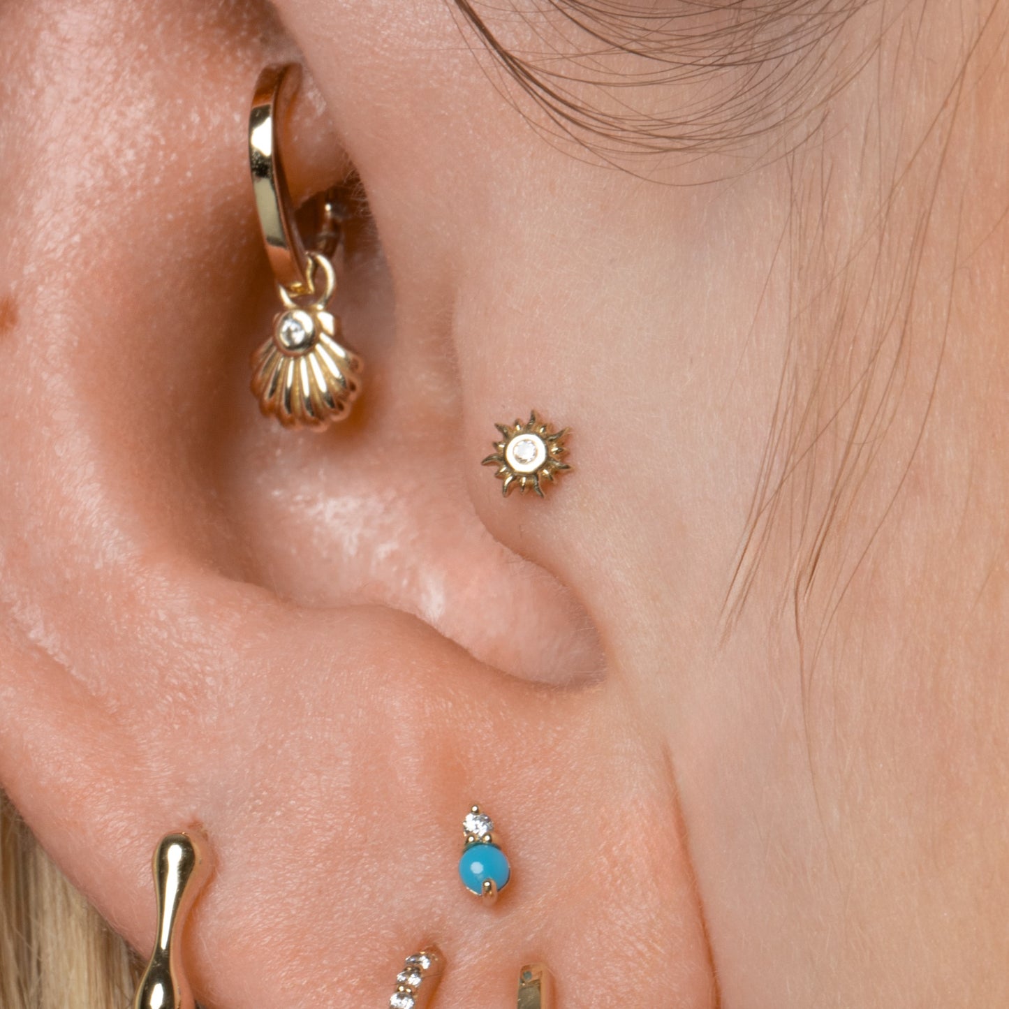 14k solid yellow gold Sun flat back labret stud earring Cartilage Studs Laura Bond Maria Tash astrid miyu