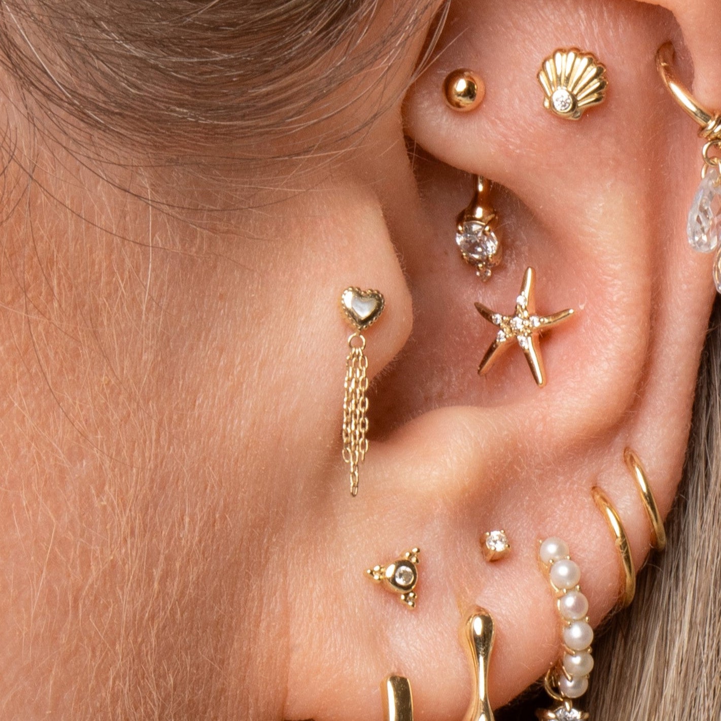 astrid miyu 14k solid yellow gold Mother of Pearl chain flat back labret stud earring Cartilage Studs Laura Bond