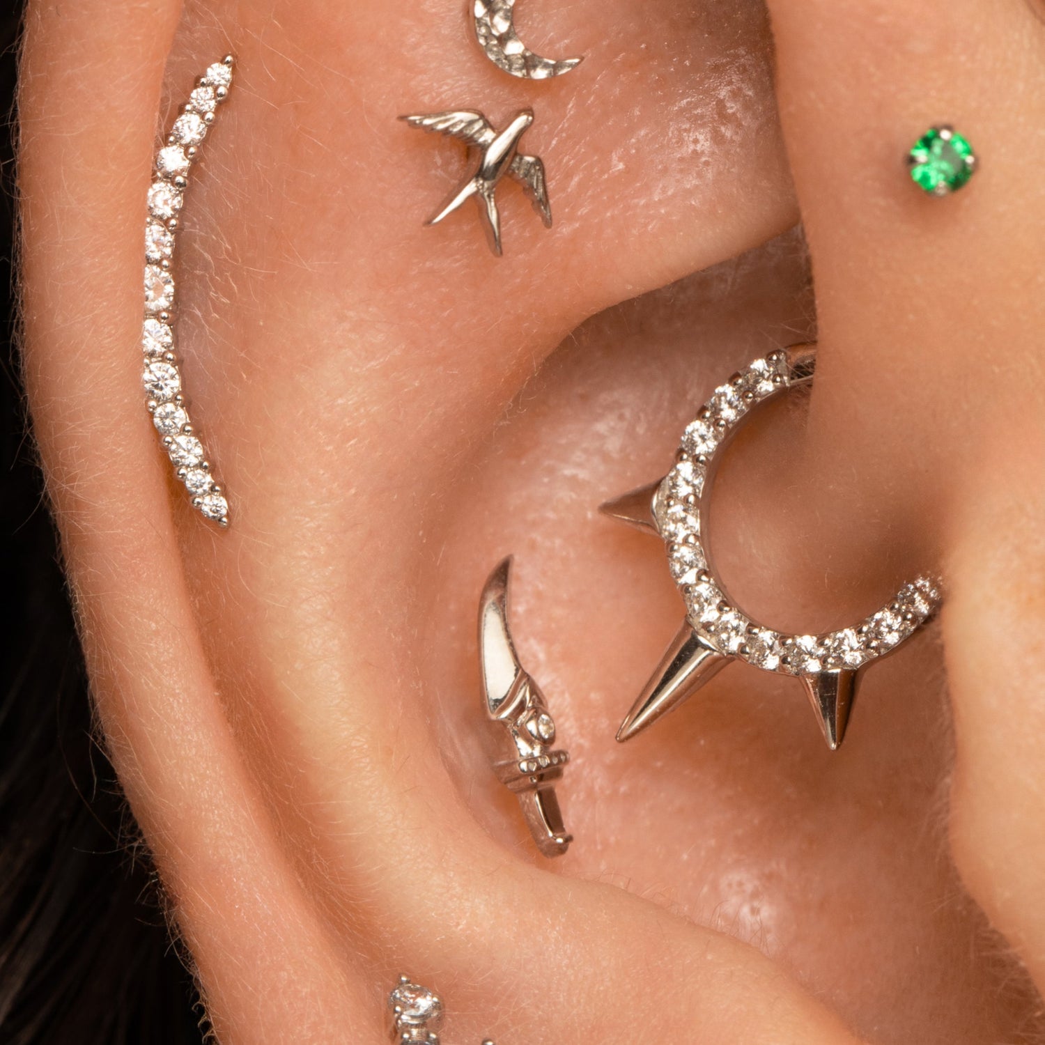 astrid miyu 9k solid white gold crystal triple spike clicker hoop earring for daith or septum 8mm Huggies and Hoops Laura Bond