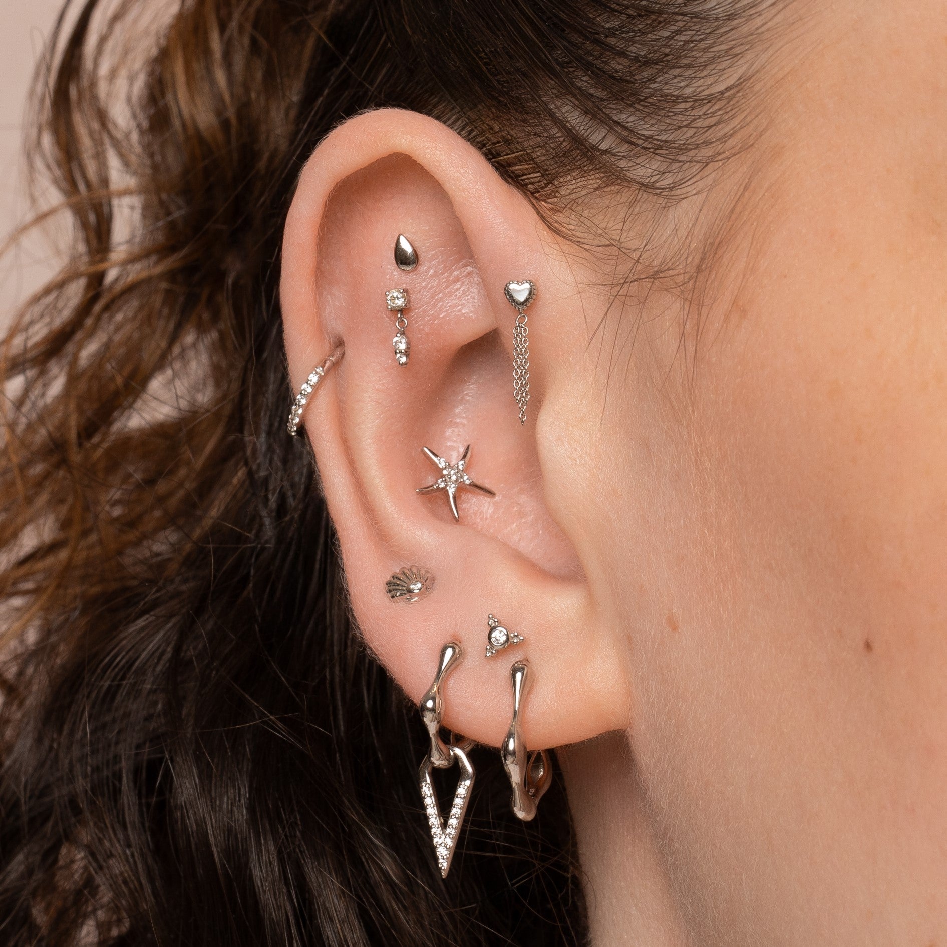 astrid miyu 14k solid white gold Mother of Pearl chain flat back labret stud earring Cartilage Studs Laura Bond