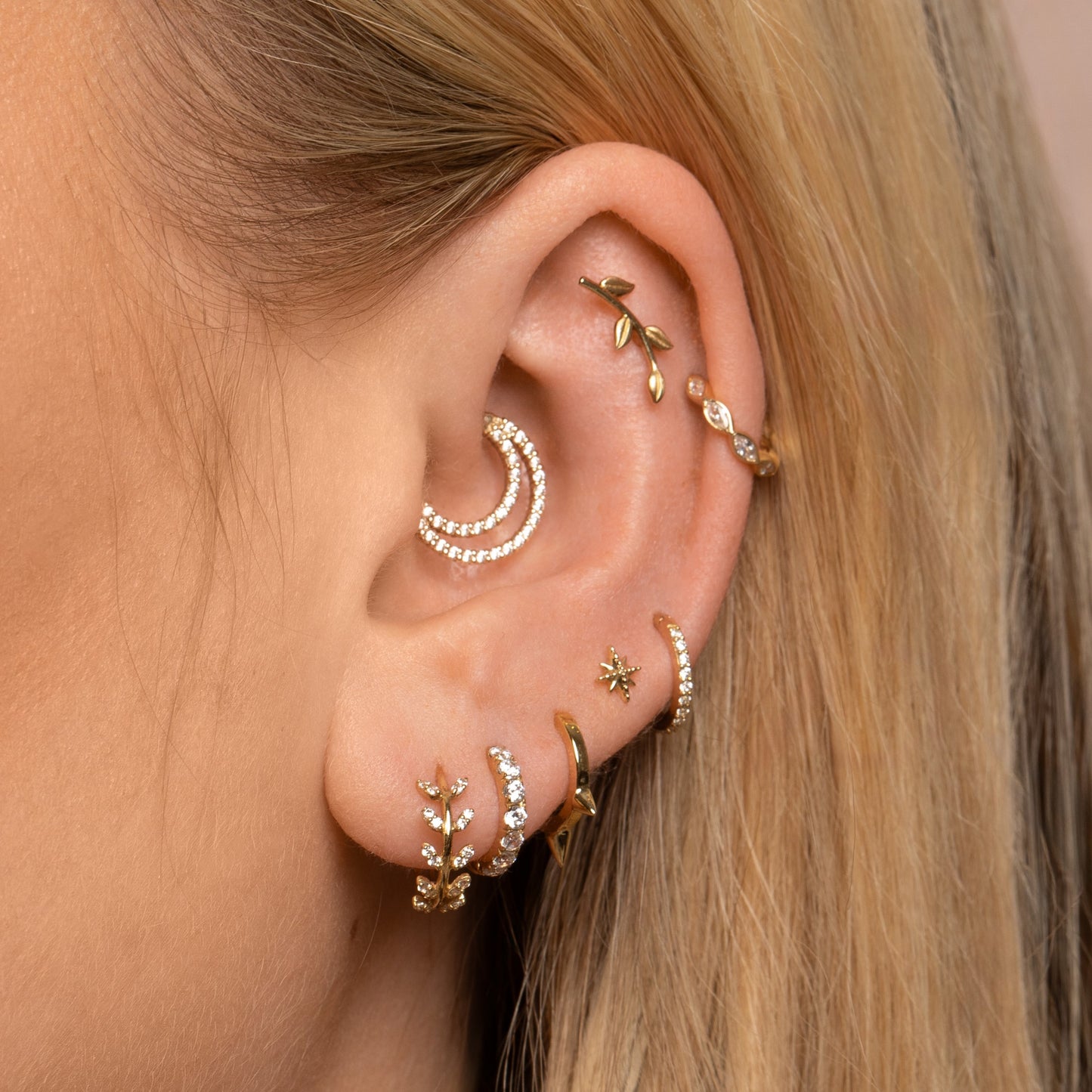 9k solid yellow gold Aphrodite vine leaf huggie earring pair Earring Pairs Laura Bond Maria Tash astrid miyu