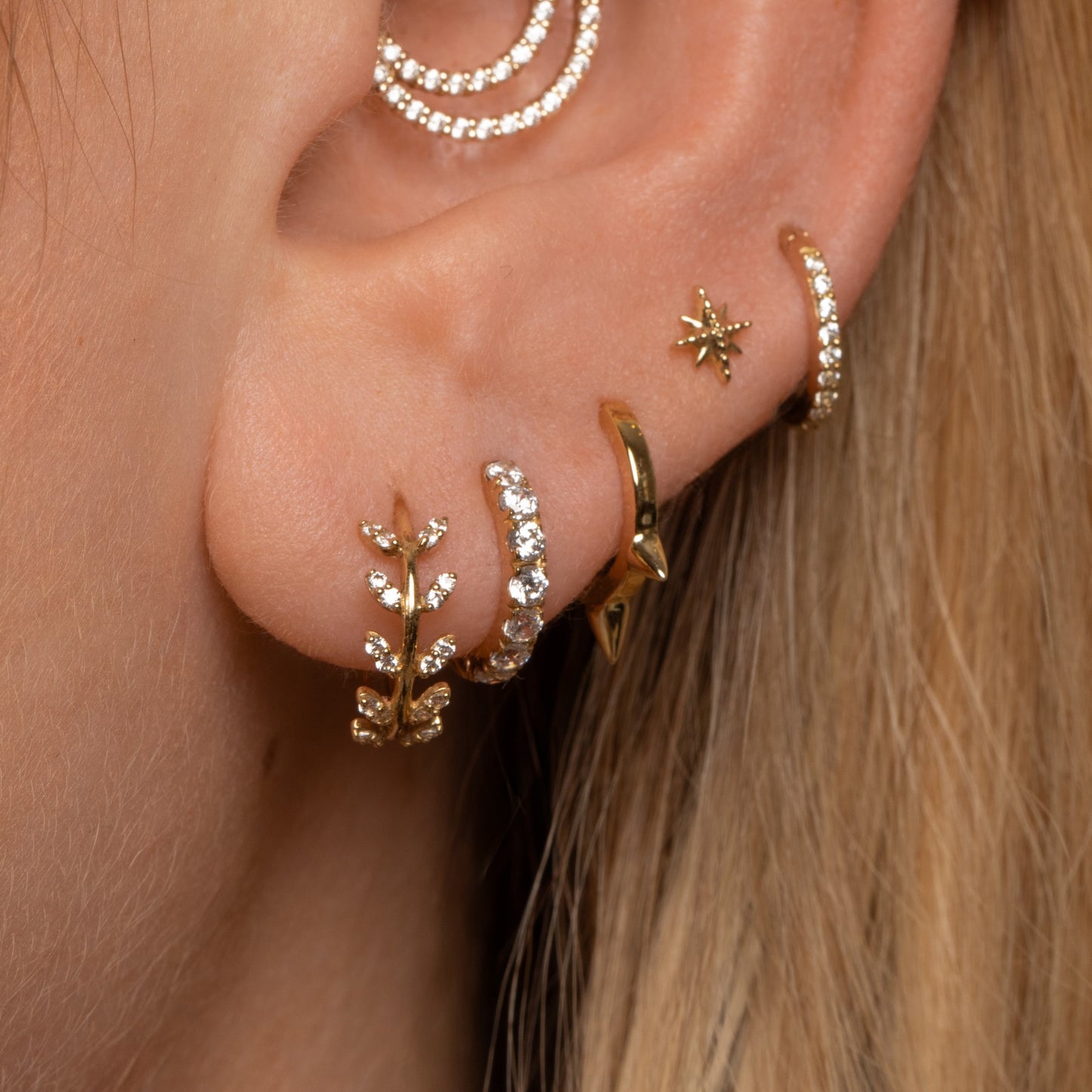 9k solid yellow gold Aphrodite vine leaf huggie earring pair Earring Pairs Laura Bond Maria Tash astrid miyu