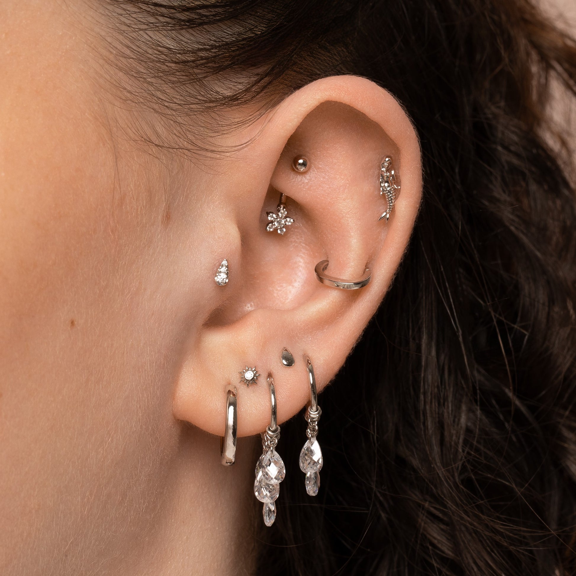 astrid miyu 9k solid white gold Pure Shores 5 crystal charm clicker hoop earring 8mm Huggies and Hoops Laura Bond