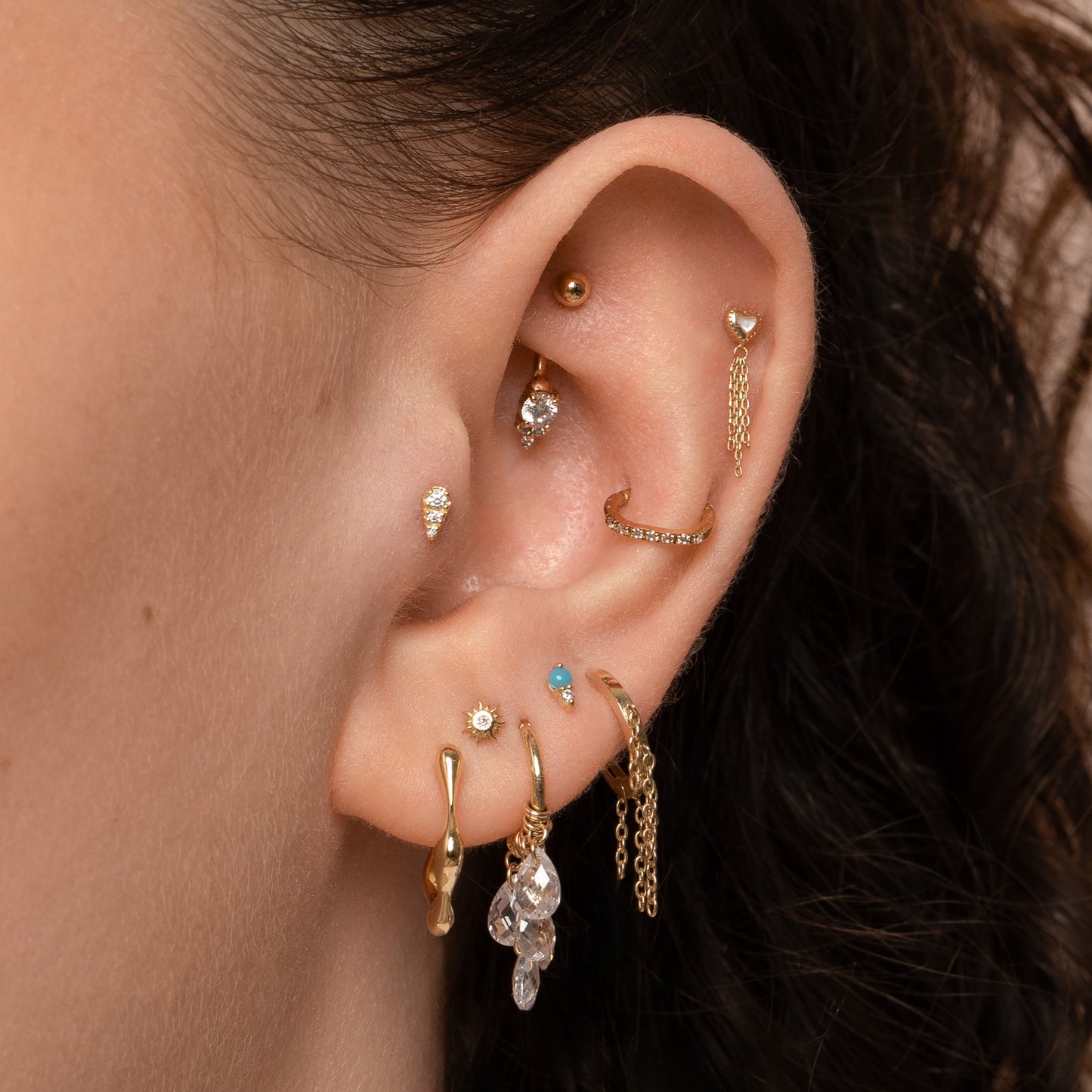 astrid miyu 14k solid yellow gold Mother of Pearl chain flat back labret stud earring Cartilage Studs Laura Bond