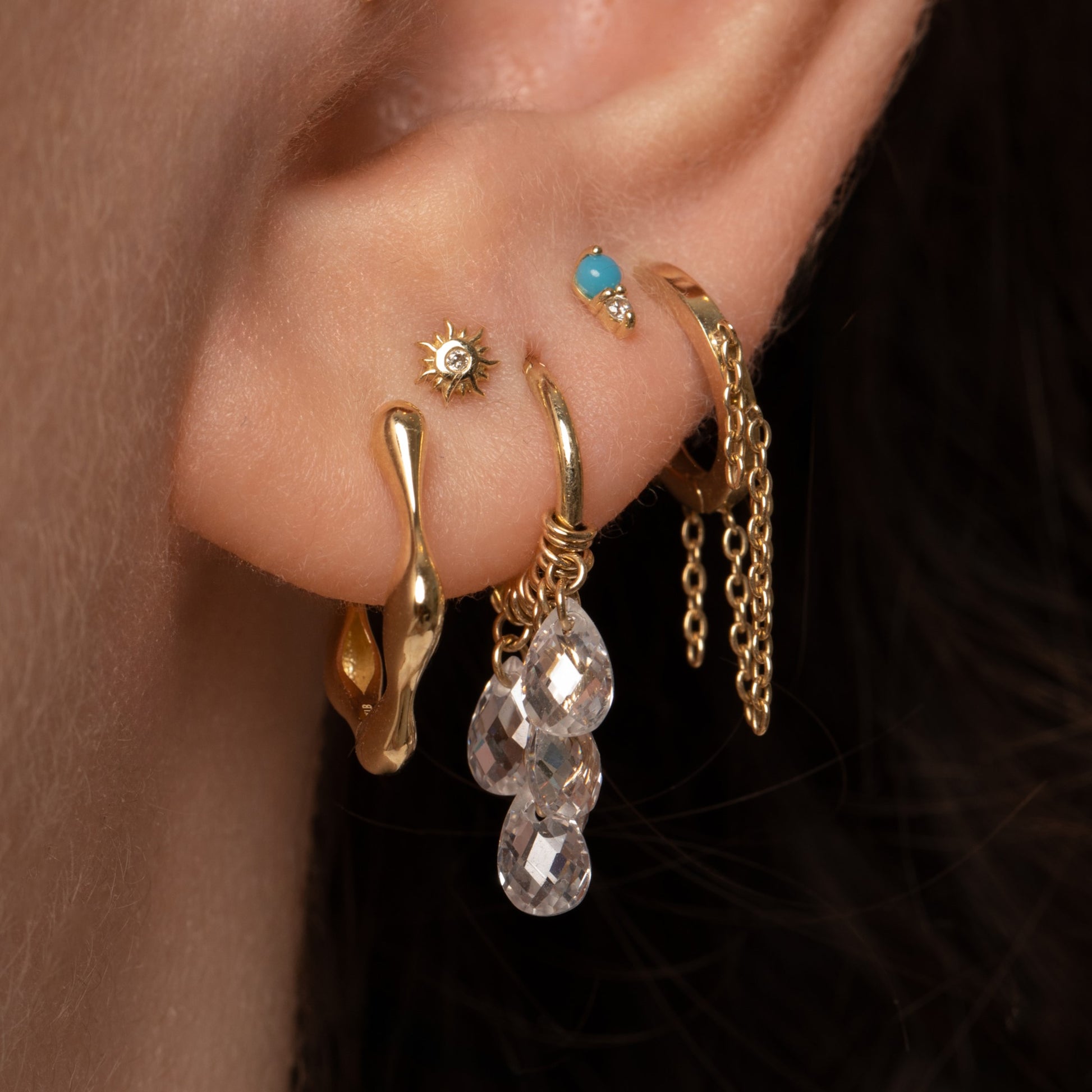 astrid miyu 9k solid yellow gold Pure Shores 5 crystal charm clicker hoop earring 8mm Huggies and Hoops Laura Bond