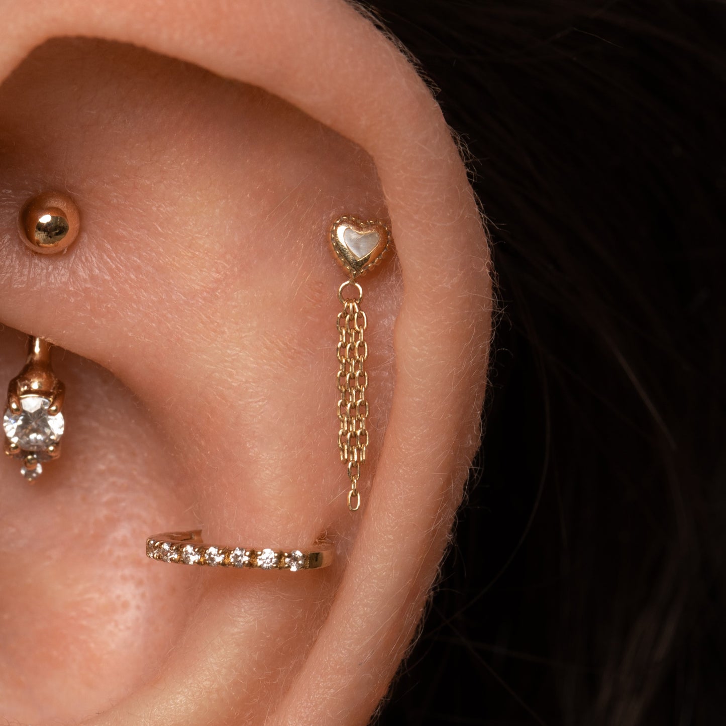 astrid miyu 14k solid yellow gold Mother of Pearl chain flat back labret stud earring Cartilage Studs Laura Bond