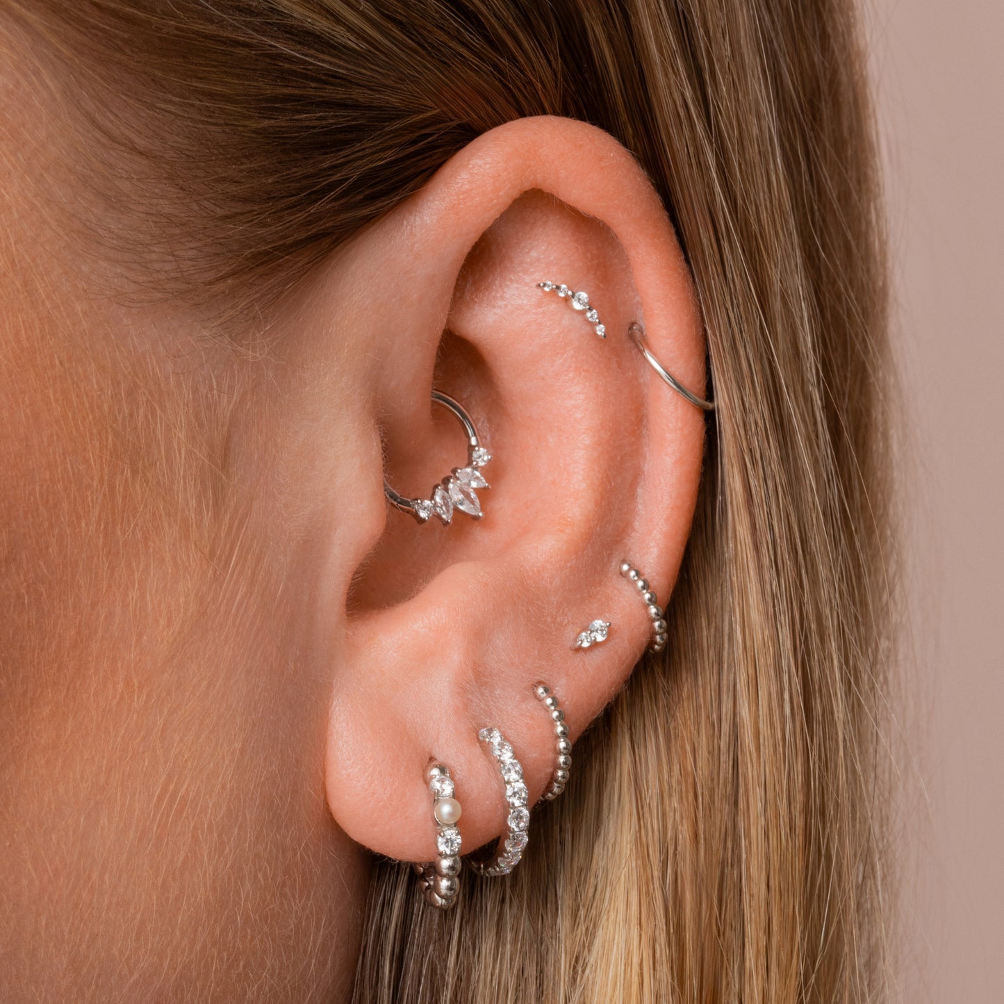 Hayley B Daines X Laura Bond - 9k solid white gold 6mm 16g Stevie beaded clicker hoop earring Huggies and Hoops Laura Bond Maria Tash