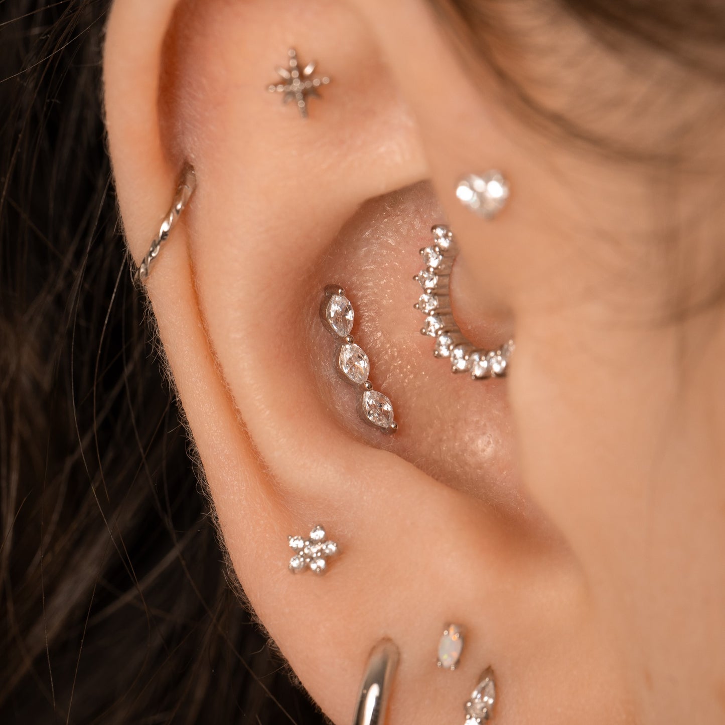 14k solid white gold marquise trinity flat back labret stud earring Cartilage Studs Laura Bond Maria Tash