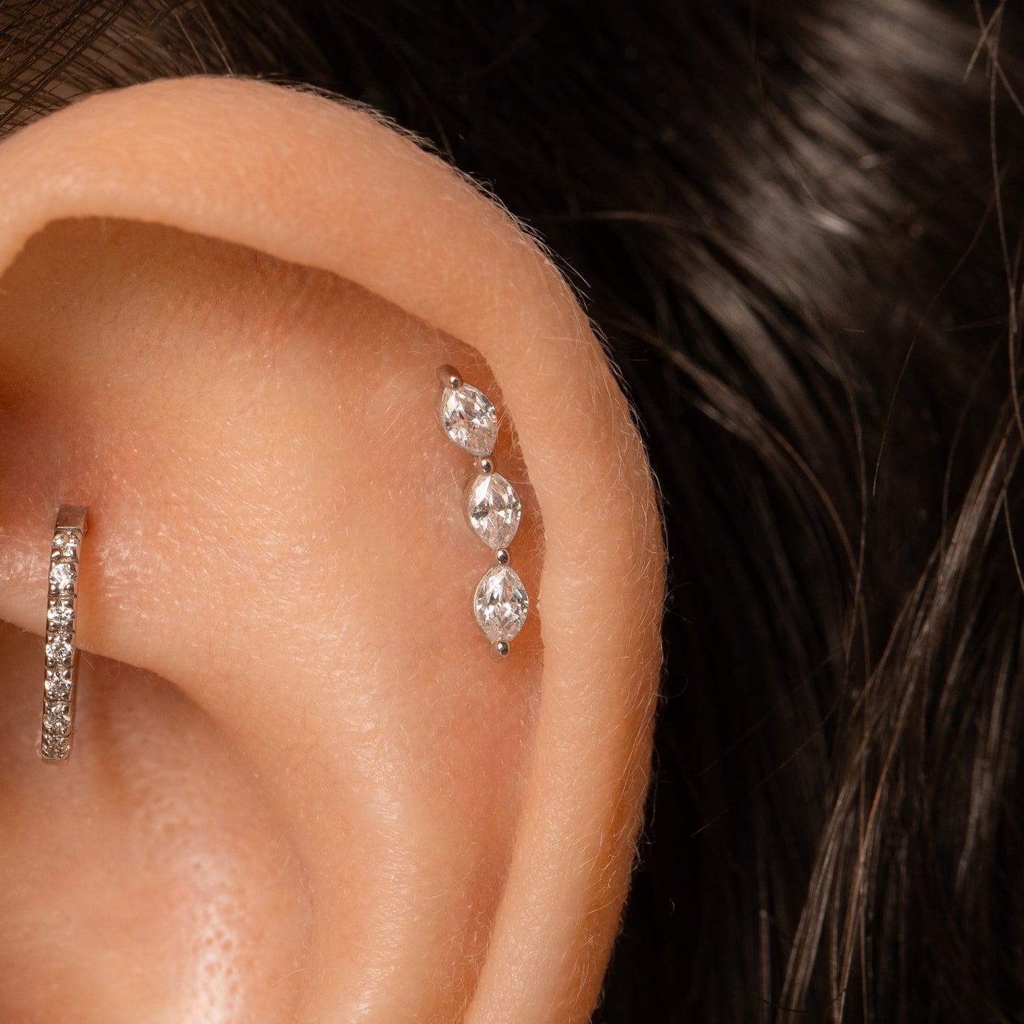 14k solid white gold marquise trinity flat back labret stud earring Cartilage Studs Laura Bond Maria Tash