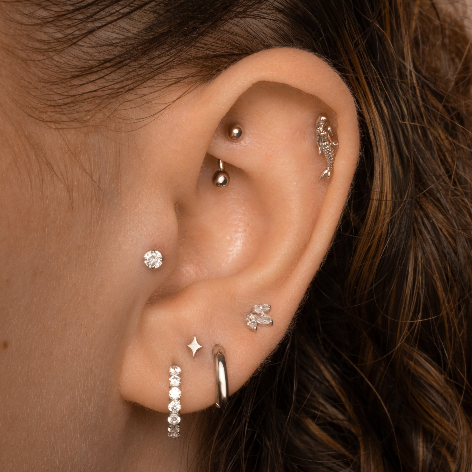 astrid miyu 14k solid white gold mermaid flat back labret stud earring 8mm (left) Cartilage Studs Laura Bond