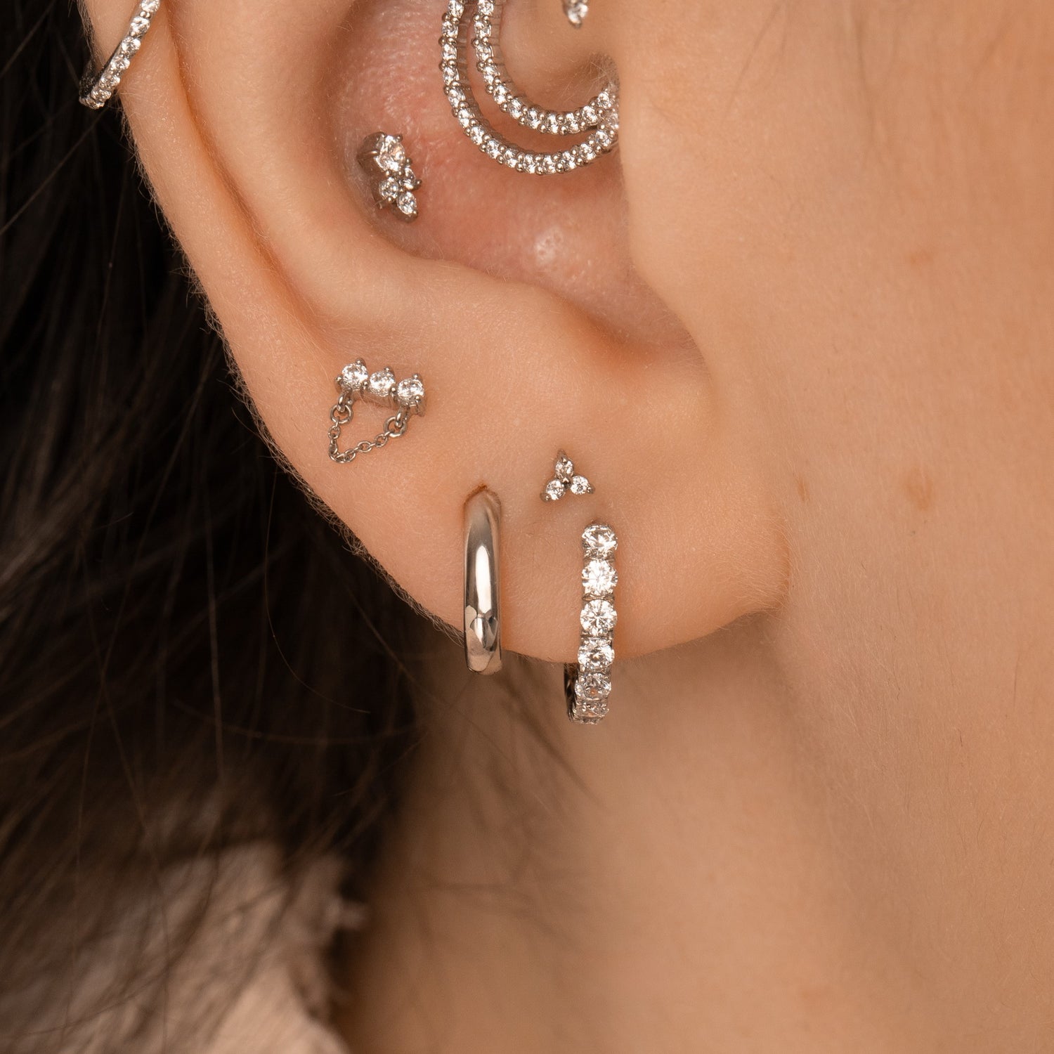 14k solid white gold triple gem chain flat back labret stud earring Cartilage Studs Laura Bond Maria Tash