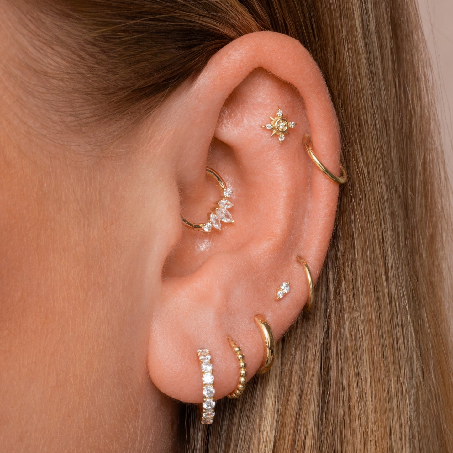 14k solid yellow gold Sunlit flat back labret stud earring 8mm Cartilage Studs Laura Bond Maria Tash