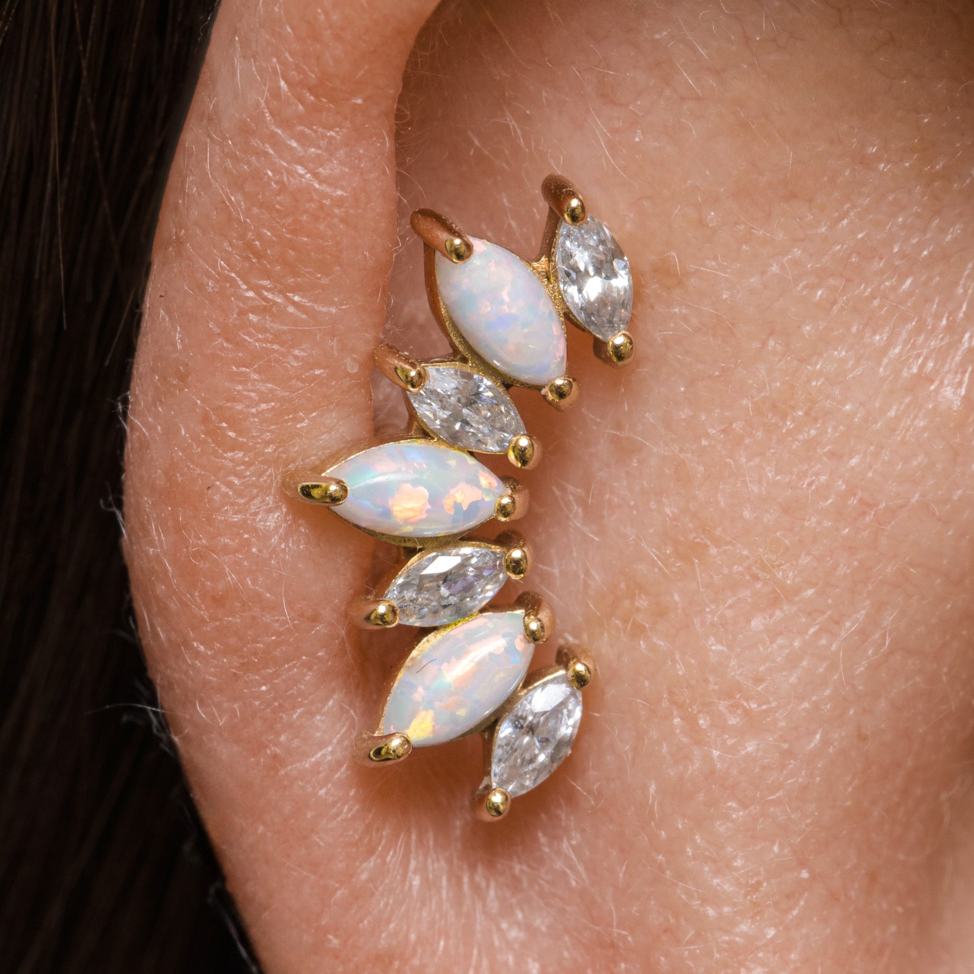 astrid miyu 14k solid yellow gold opal marquise Titania's Crown flat back labret stud earring 8mm Cartilage Studs Laura Bond