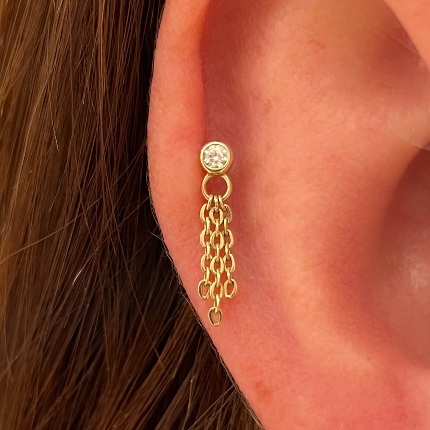 9k solid yellow gold crystal hanging chain flat back labret stud earring 6mm