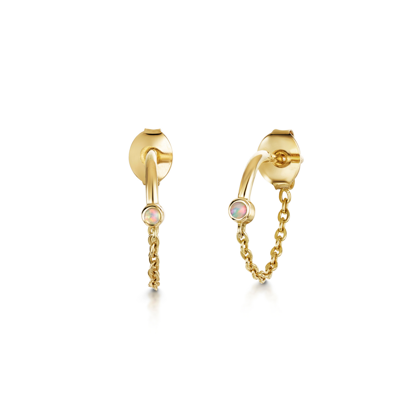 9k solid yellow gold opal chain huggie earring pair