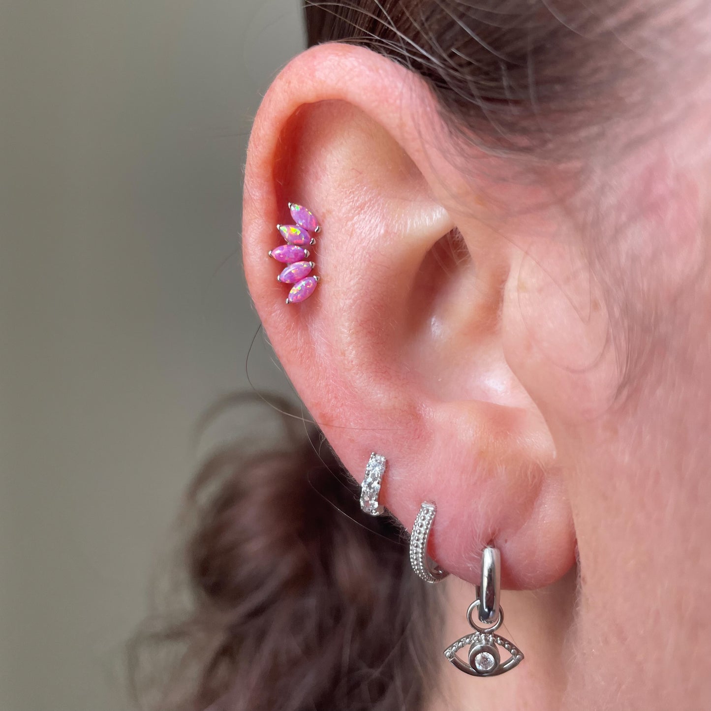 9k solid white gold Flora pink opal tiara flat back labret stud earring 6mm