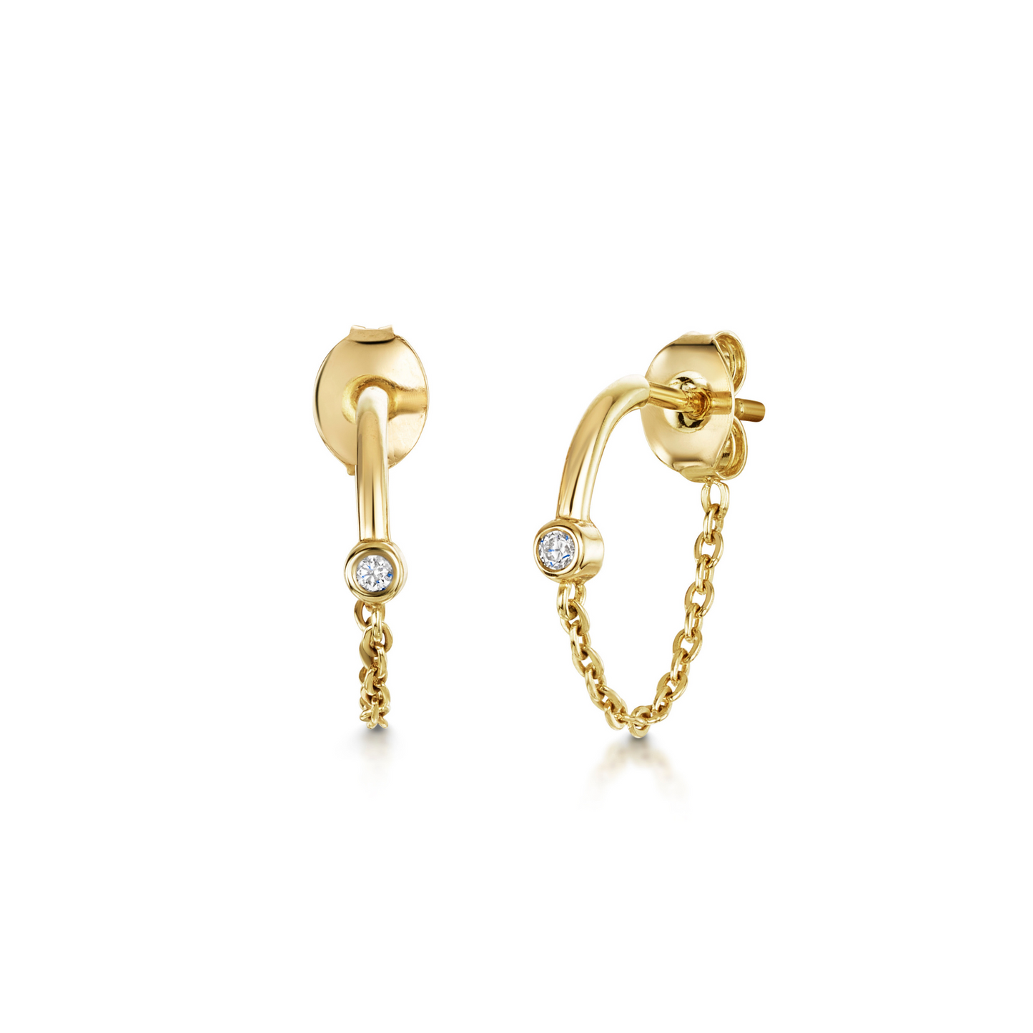 9k solid yellow gold crystal chain huggie earring pair