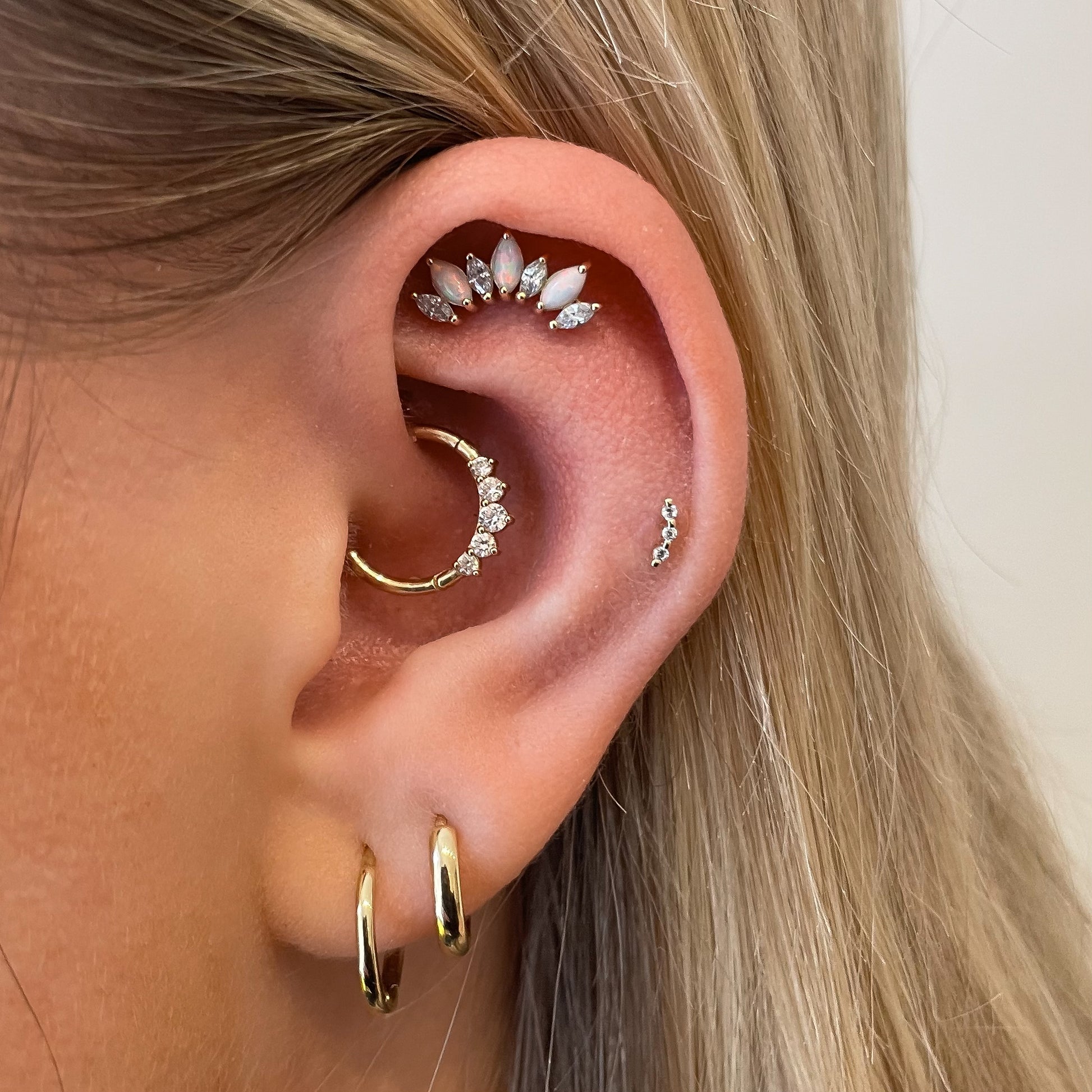 astrid miyu 14k solid yellow gold opal marquise Titania's Crown flat back labret stud earring 8mm Cartilage Studs Laura Bond