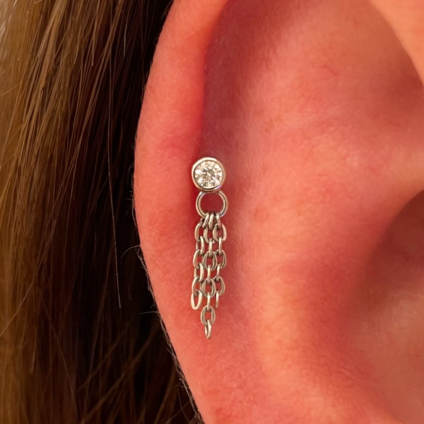 9k solid white gold crystal hanging chain flat back labret stud earring 6mm