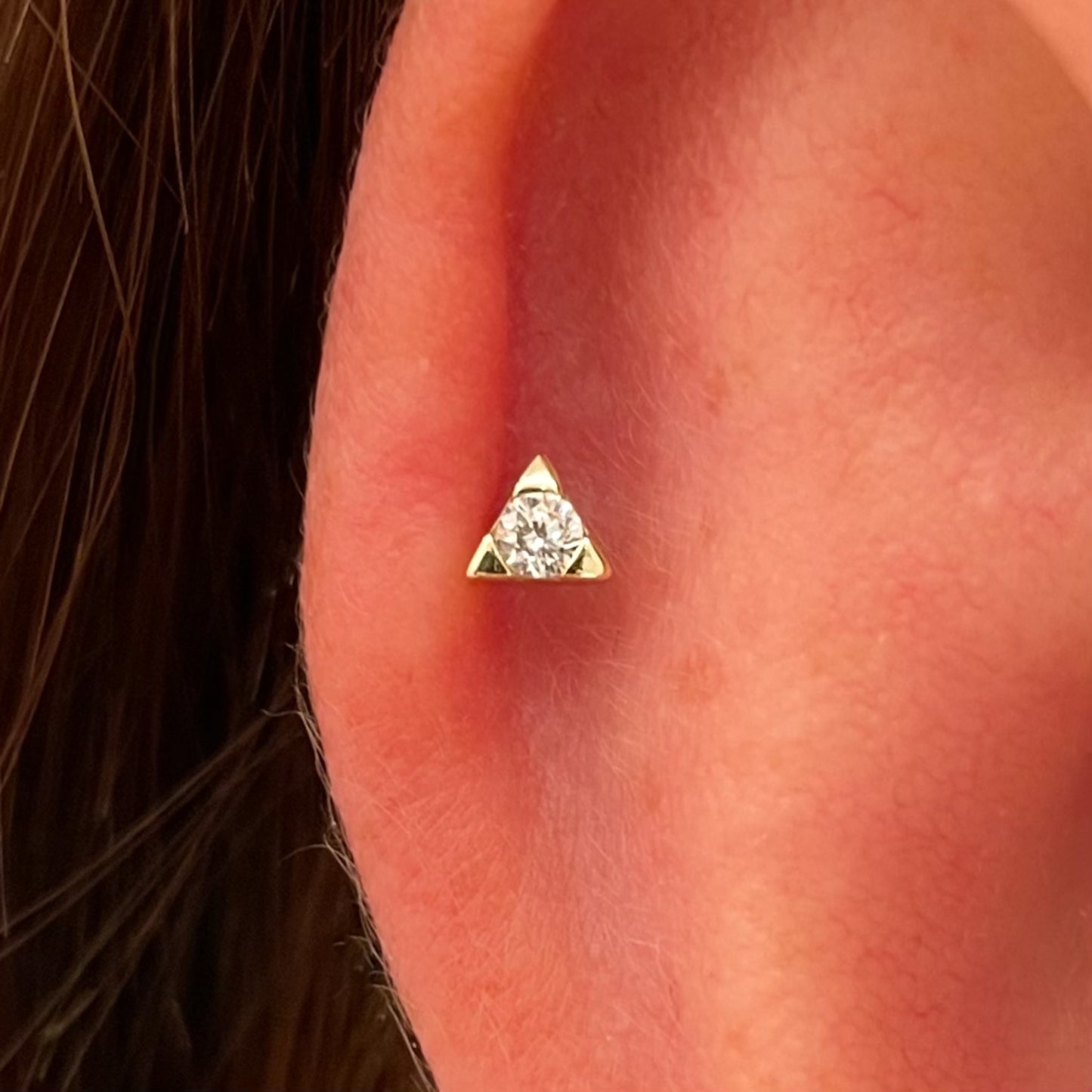 9k solid yellow gold tiny triangle Celeste crystal flat back labret stud earring 6mm