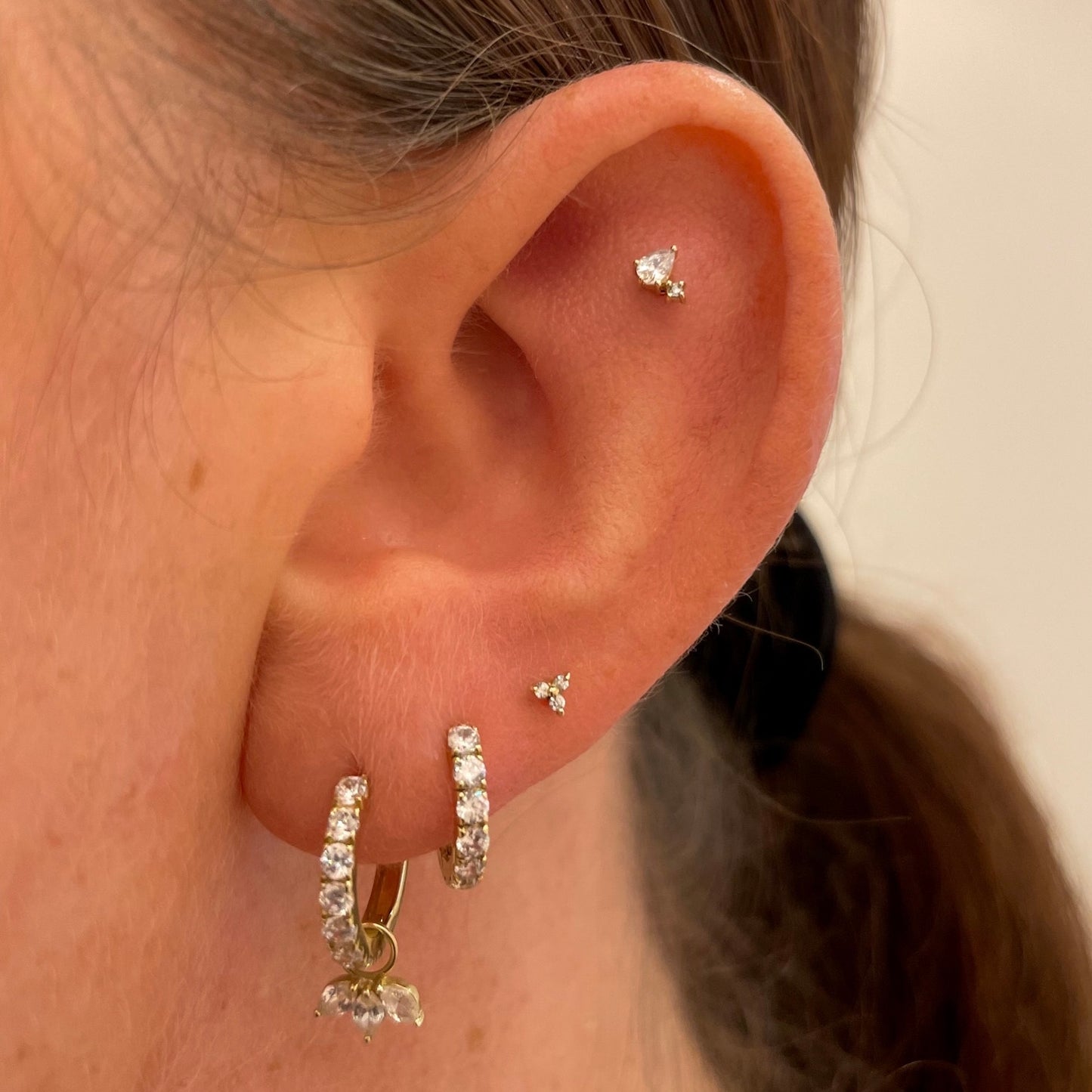 9k solid yellow gold tiny Cassia pear and round crystal flat back labret stud earring 6mm