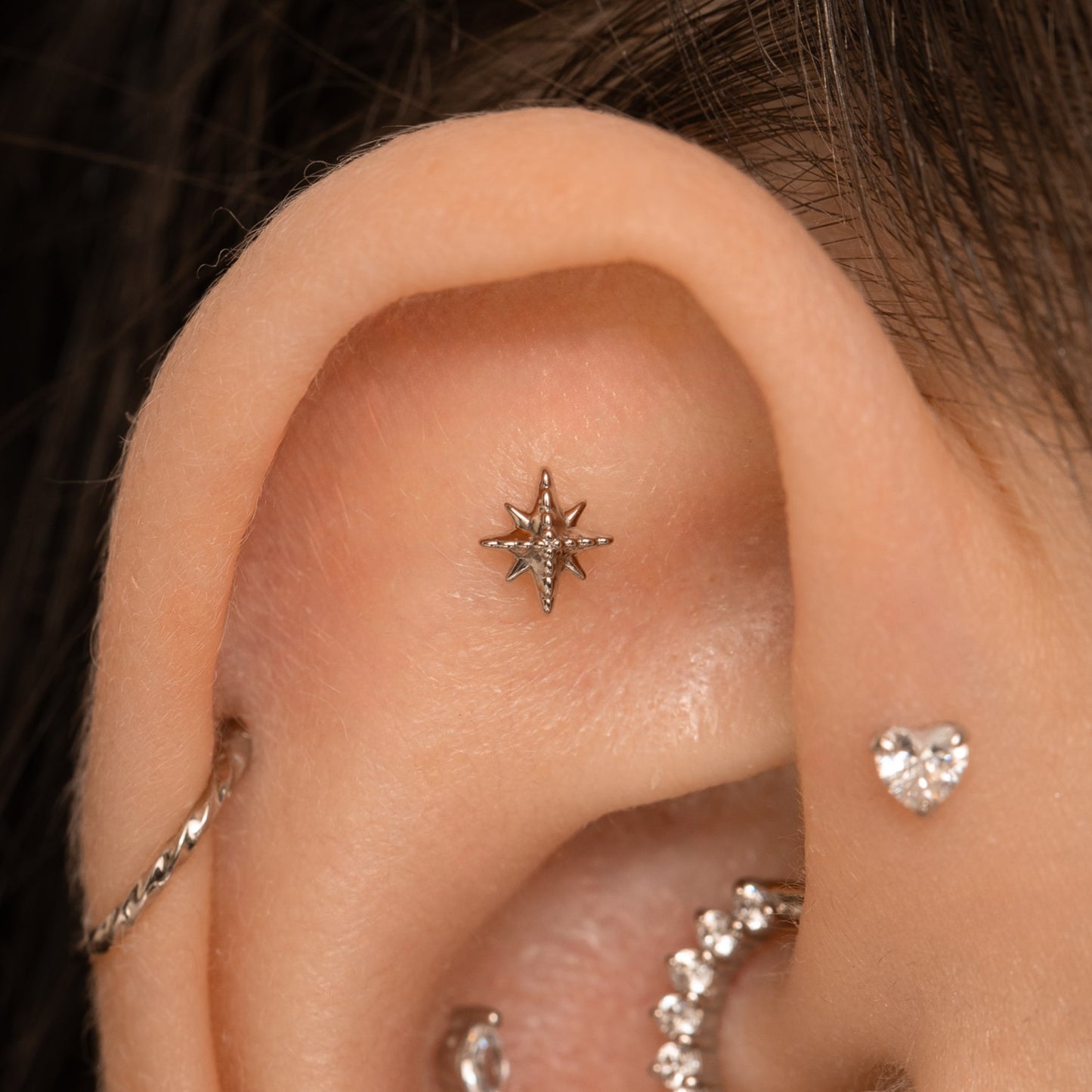 9k solid white gold beaded North Star flat back labret stud earring Cartilage Studs Laura Bond Maria Tash