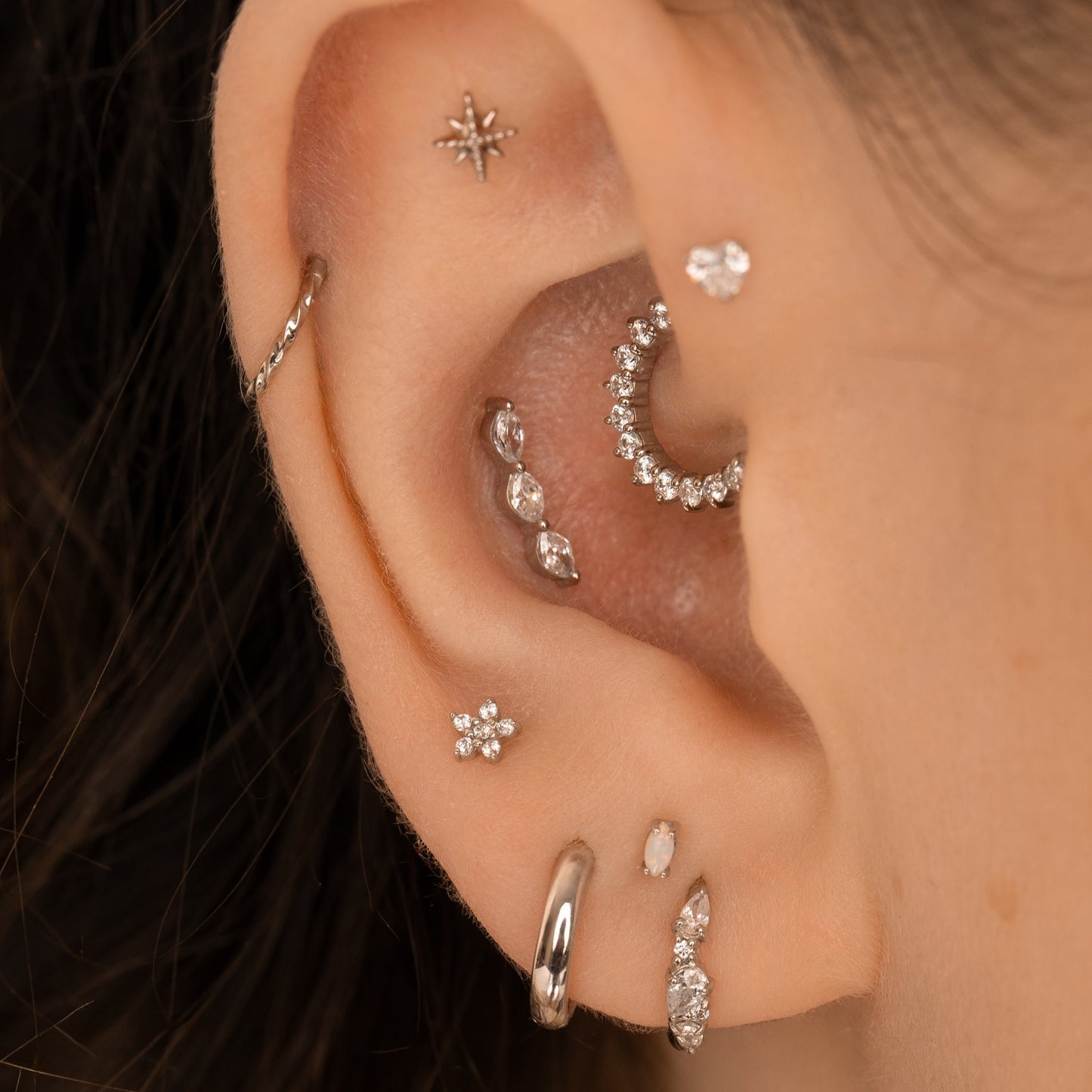 9k solid white gold tiny oval opal flat back labret stud earring Cartilage Studs Laura Bond Maria Tash