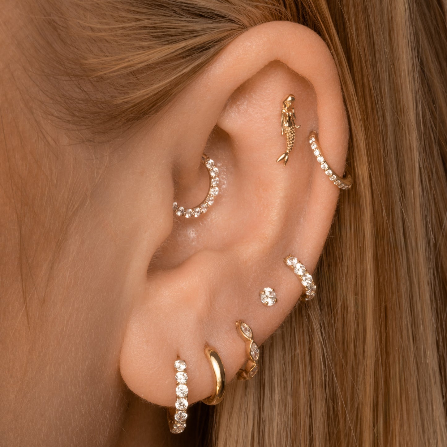 astrid miyu 14k solid yellow gold mermaid flat back labret stud earring 8mm (left) Cartilage Studs Laura Bond