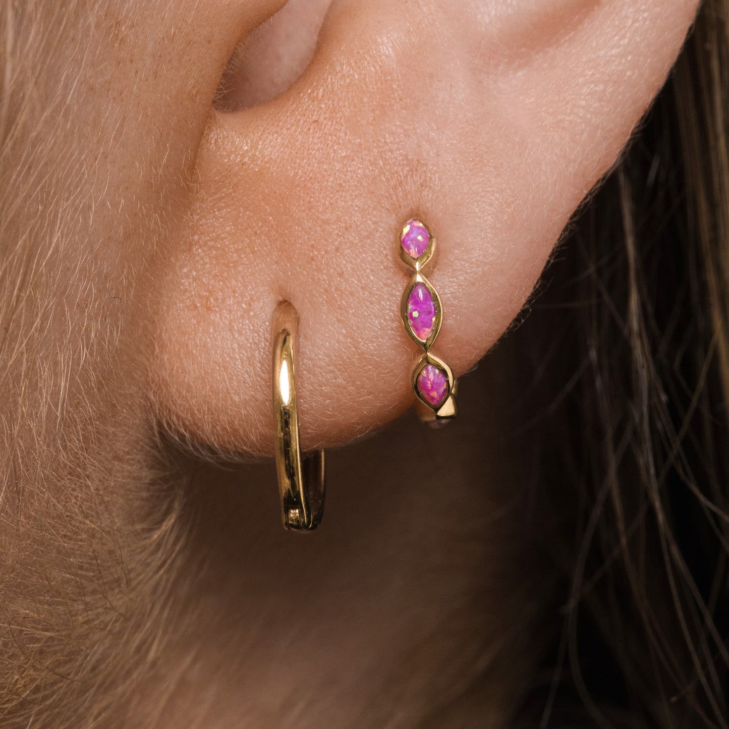 9k solid yellow gold 8mm Flora pink opal marquise clicker hoop earring Huggies and Hoops Laura Bond Maria Tash astrid miyu