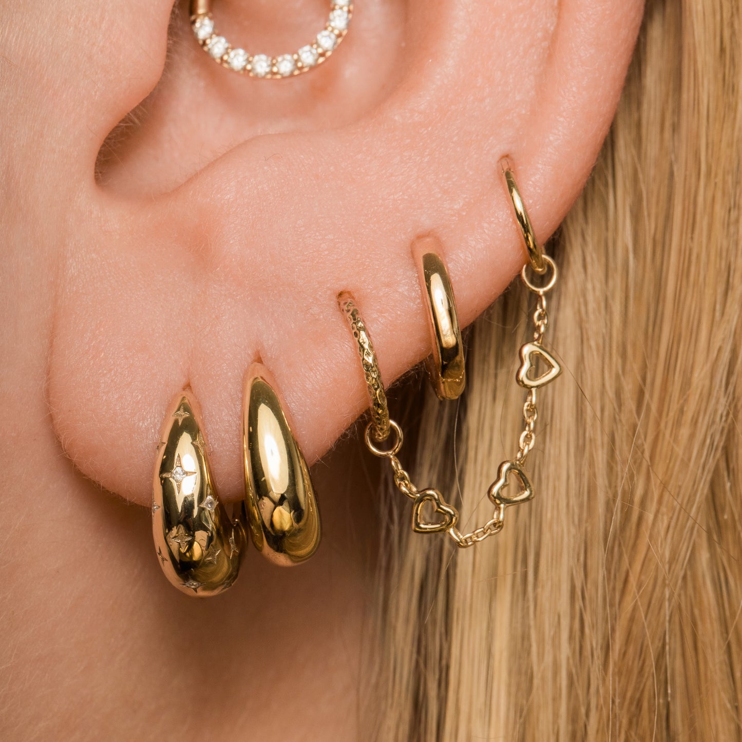 9k solid yellow gold love heart earring chain Chains and Charms Laura Bond Maria Tash astrid miyu