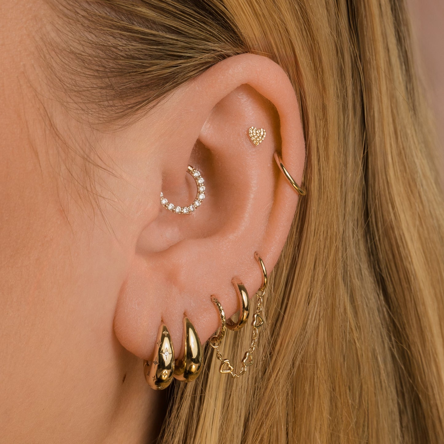 9k solid yellow gold love heart earring chain Chains and Charms Laura Bond Maria Tash astrid miyu