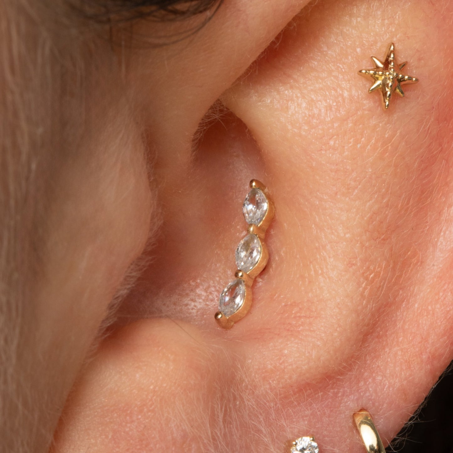 9k solid yellow gold marquise trinity flat back labret stud earring Cartilage Studs Laura Bond Maria Tash