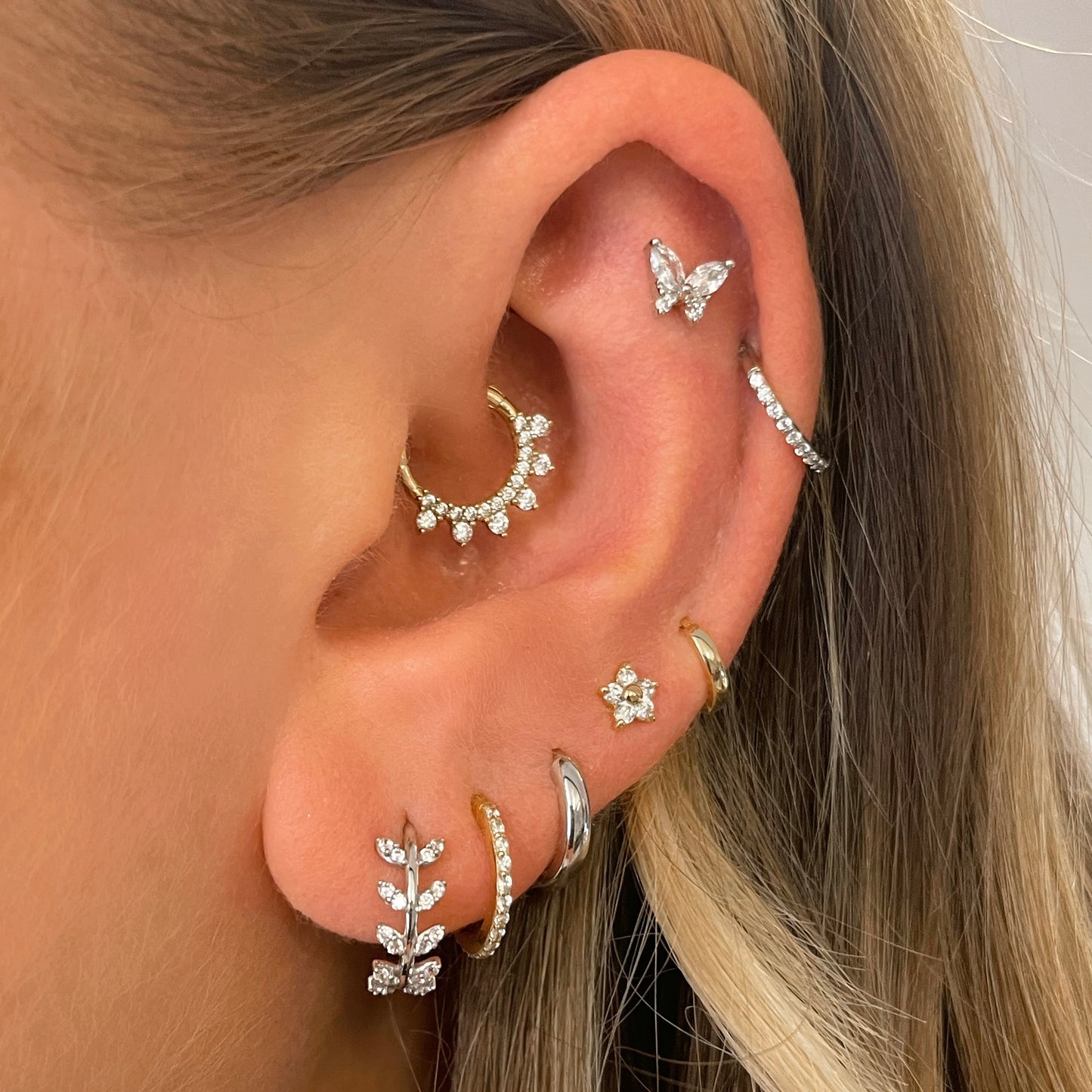 The goddess stacking set - 9k solid white gold labret and huggie hoop set