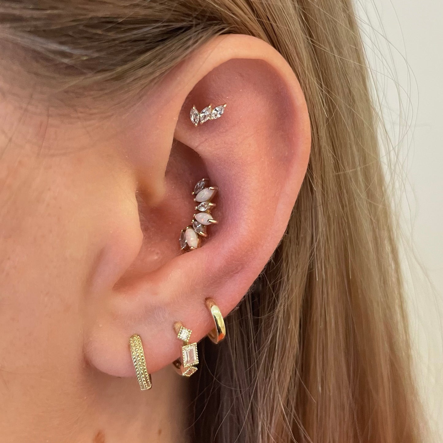 astrid miyu 14k solid yellow gold opal marquise Titania's Crown flat back labret stud earring 8mm Cartilage Studs Laura Bond