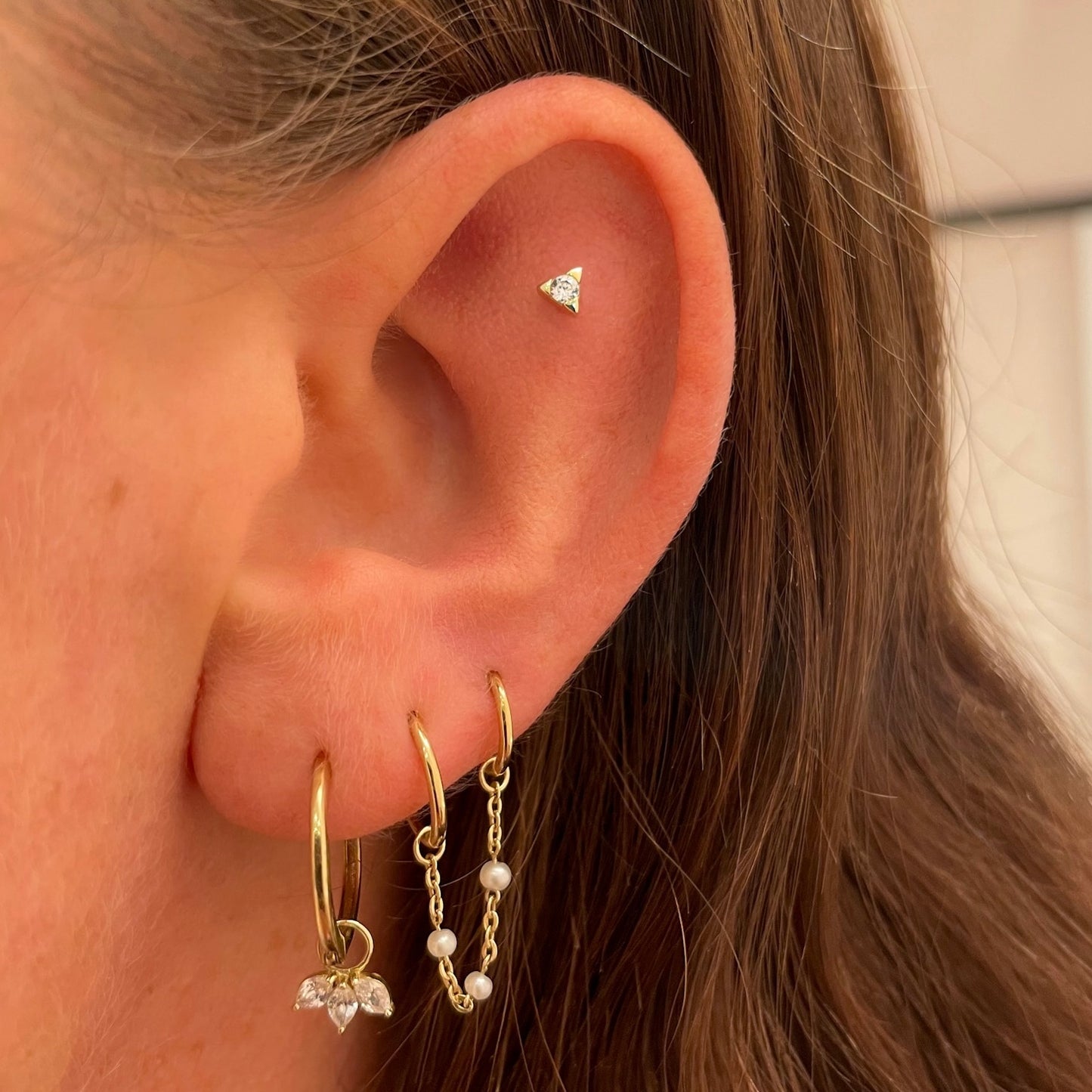 9k solid yellow gold tiny triangle Celeste crystal flat back labret stud earring 6mm