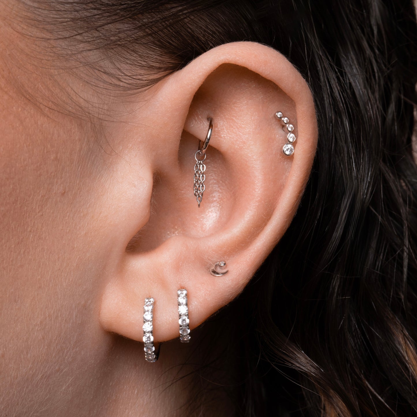 astrid miyu 9k solid white gold 6mm 18g clicker hoop earring with Sunlight floating chain charm Huggies and Hoops Laura Bond