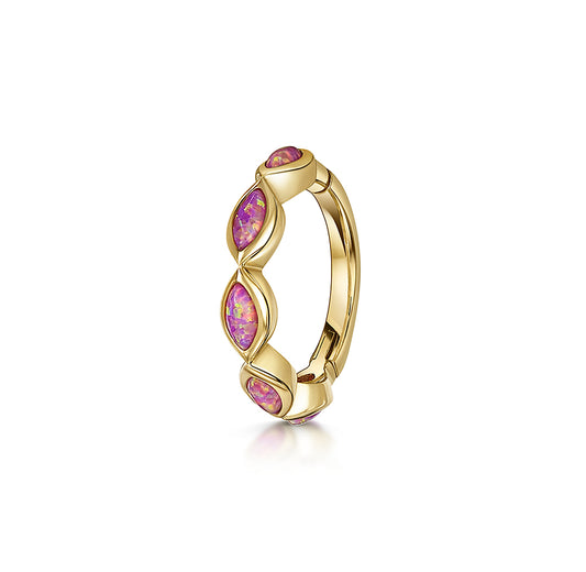 9k solid yellow gold 8mm Flora pink opal marquise clicker hoop earring