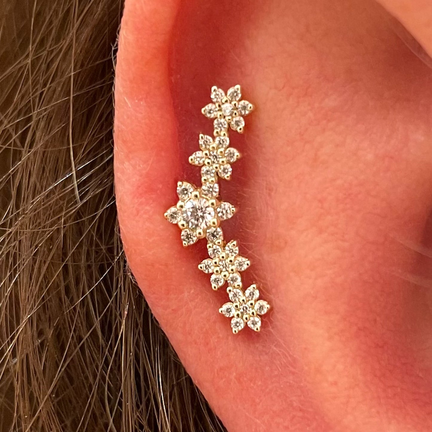 9k solid yellow gold flower crown flat back labret climber stud earring 6mm