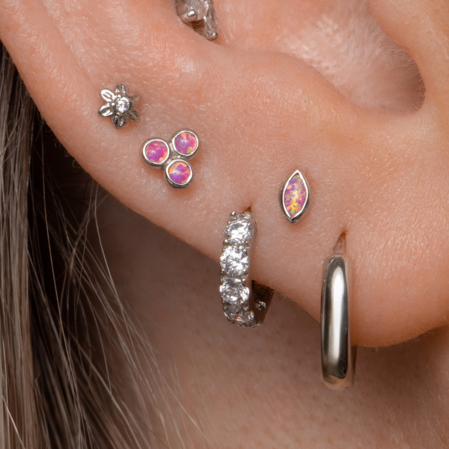 9k solid white gold Flora pink opal triad flat back labret stud earring 6mm