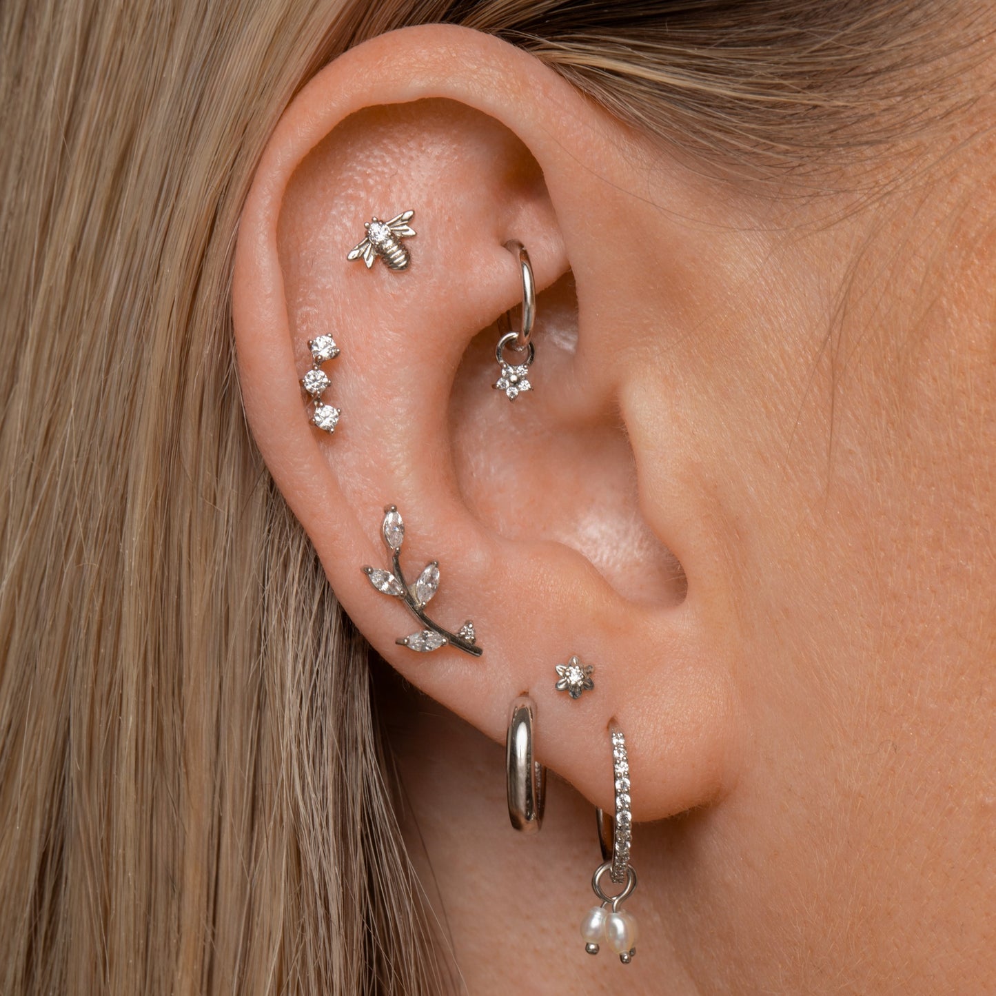 astrid miyu 14k solid white gold vine garland flat back climber stud earring 8mm Cartilage Studs Laura Bond