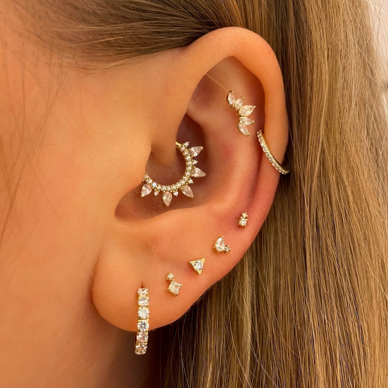 9k solid yellow gold tiny Cassia pear and round crystal flat back labret stud earring 6mm