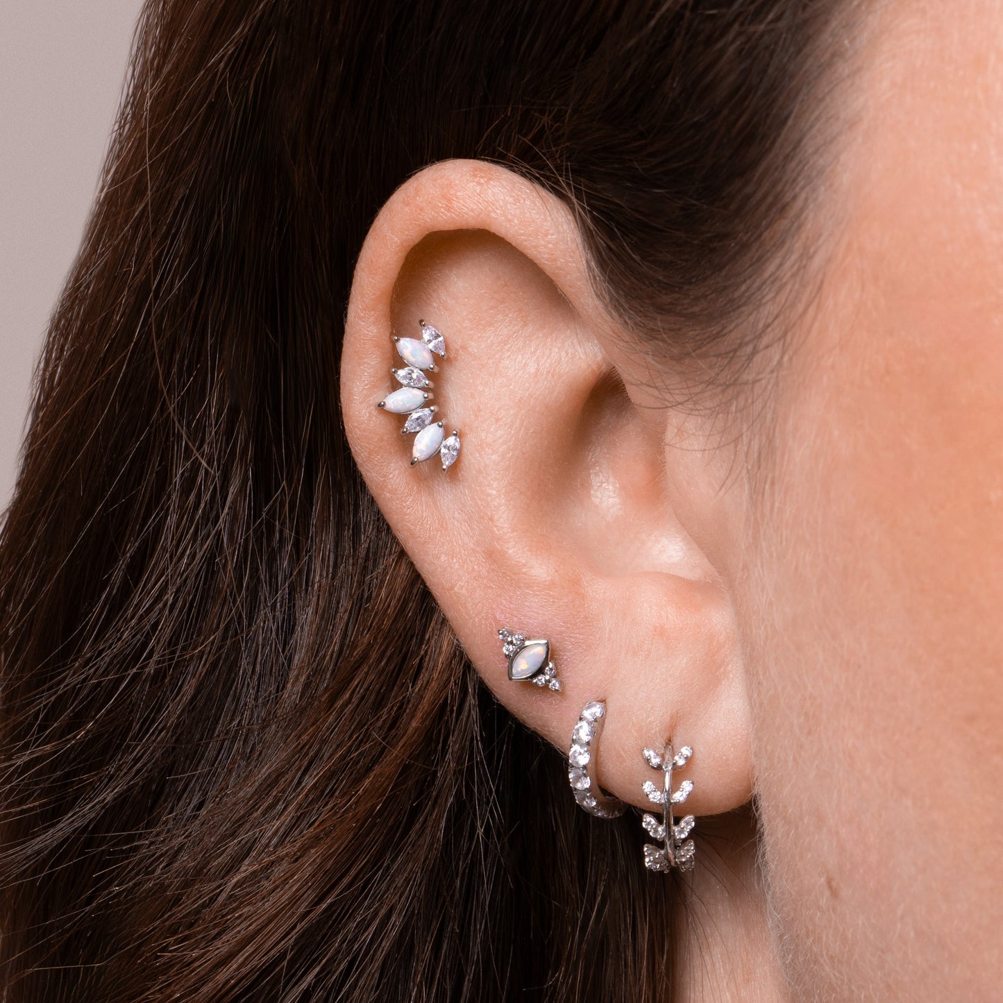 astrid miyu 14k solid white gold opal marquise Titania's Crown flat back labret stud earring 8mm Cartilage Studs Laura Bond