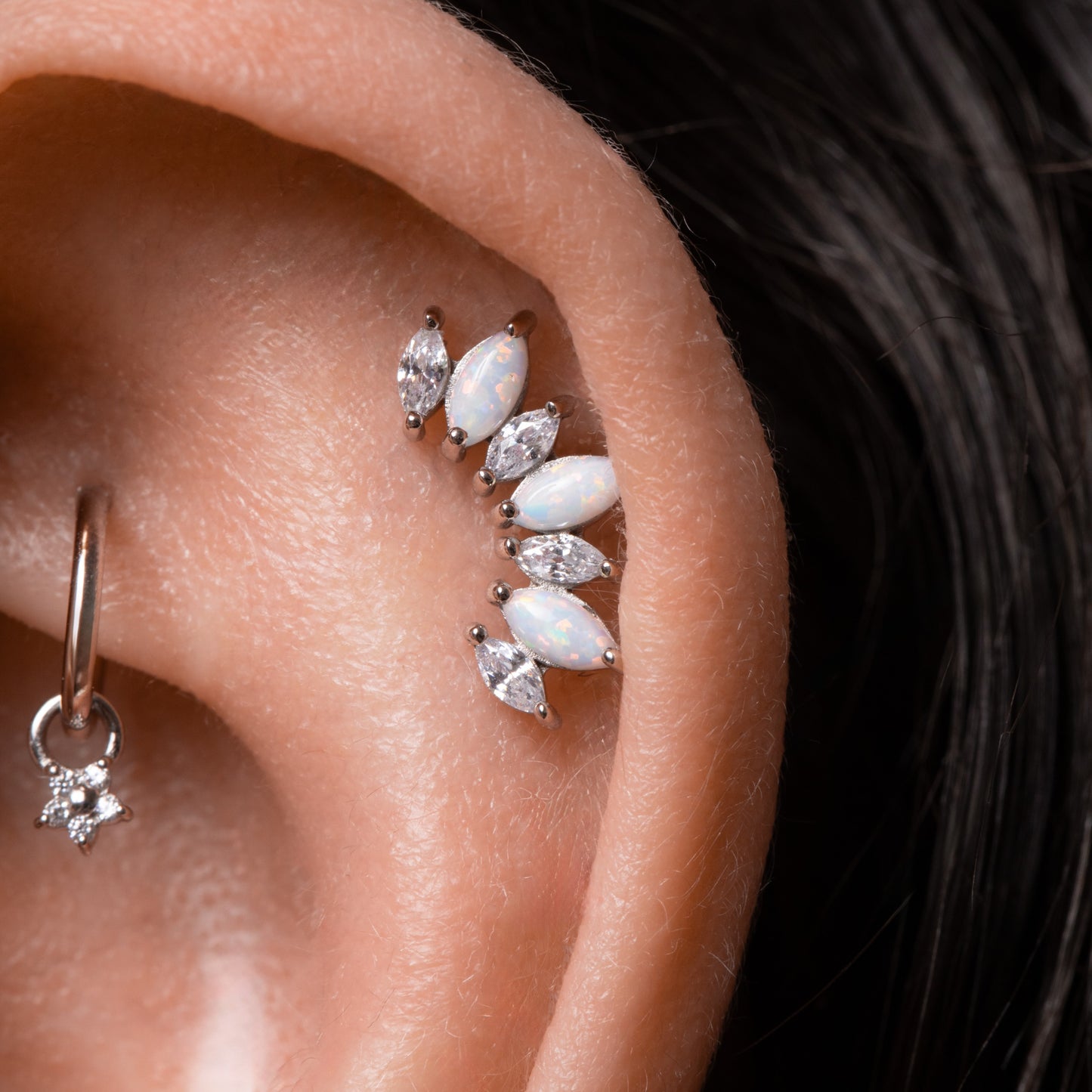 astrid miyu 14k solid white gold opal marquise Titania's Crown flat back labret stud earring 8mm Cartilage Studs Laura Bond