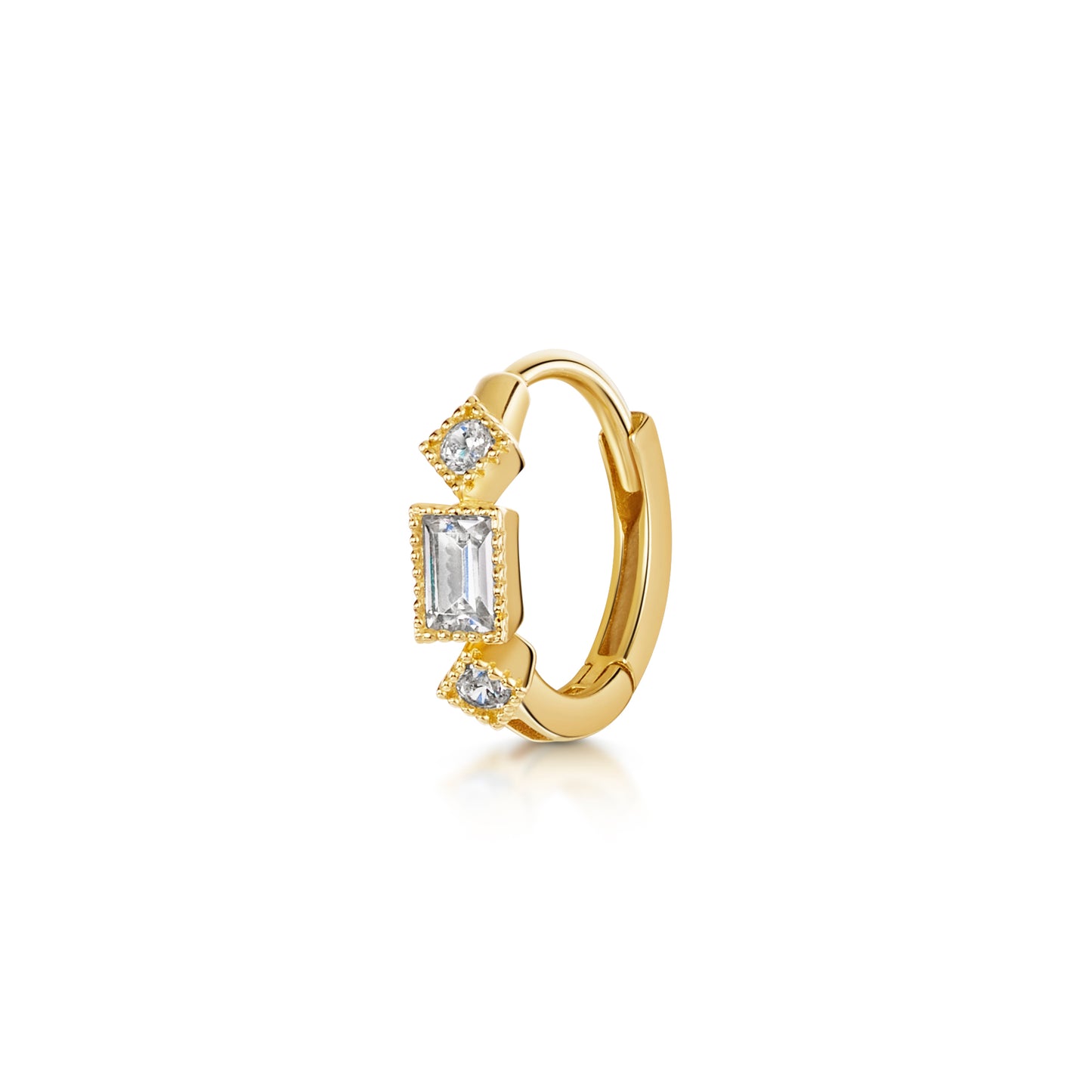 9k solid yellow gold 8mm ornate crystal huggie earring