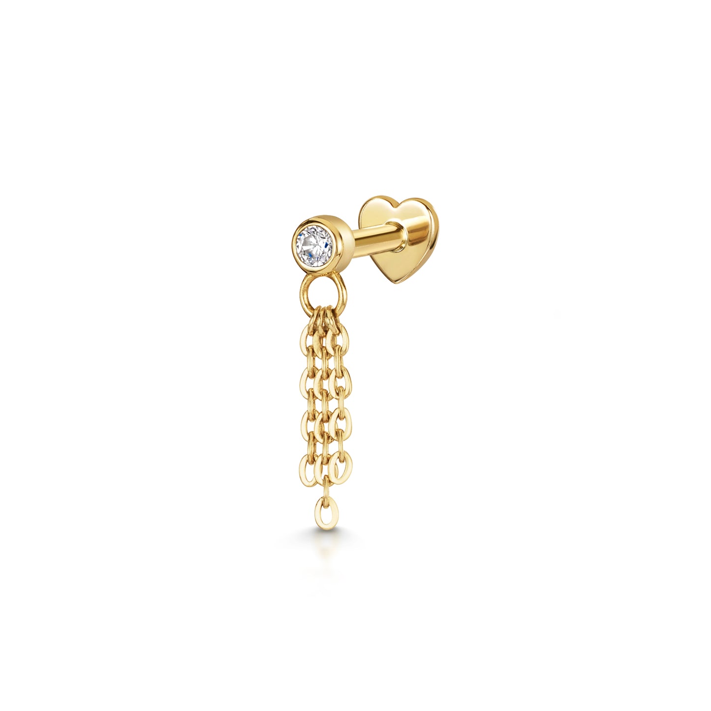 9k solid yellow gold crystal hanging chain flat back labret stud earring 6mm