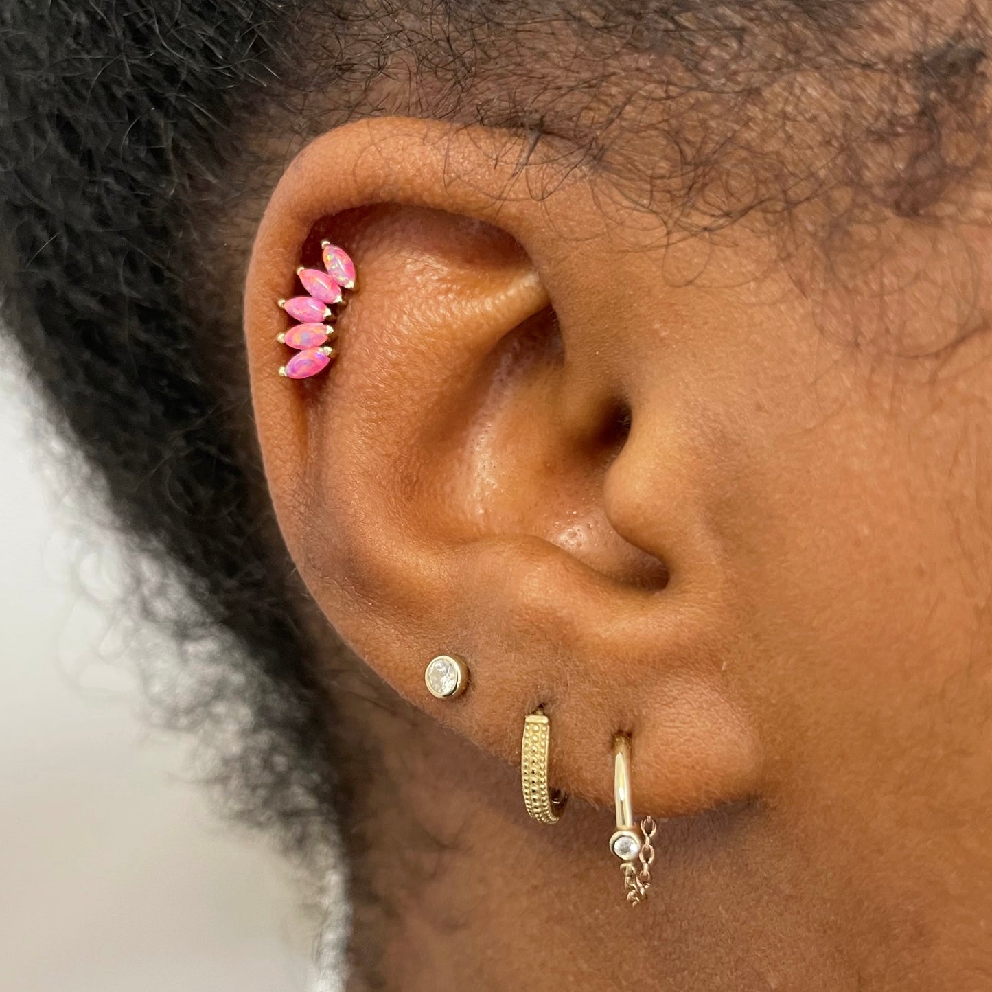 9k solid yellow gold crystal chain huggie earring pair