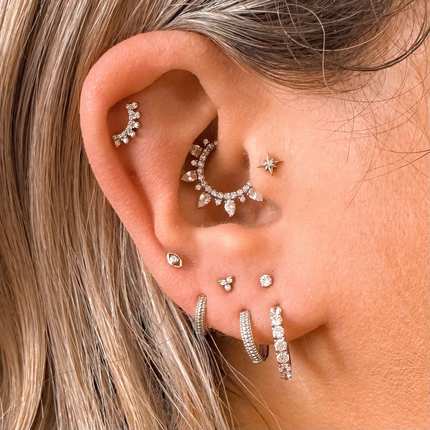 14k solid white gold tiny trio flat back labret stud earring 8mm