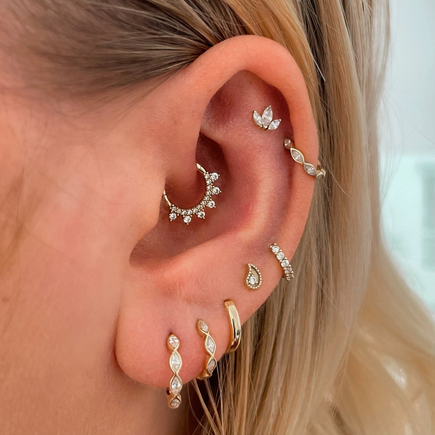 14k solid yellow gold 16g marquise crystal clicker hoop earring Huggies and Hoops Laura Bond Maria Tash astrid miyu