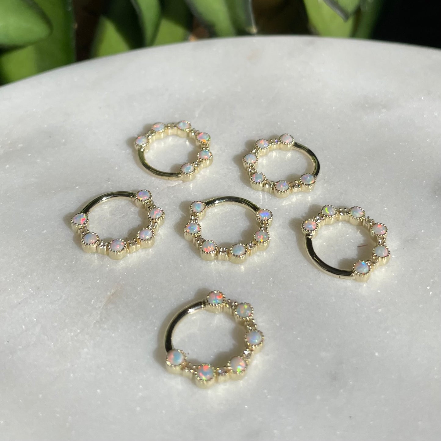 9k solid yellow gold white opal halo hoop for daith or septum