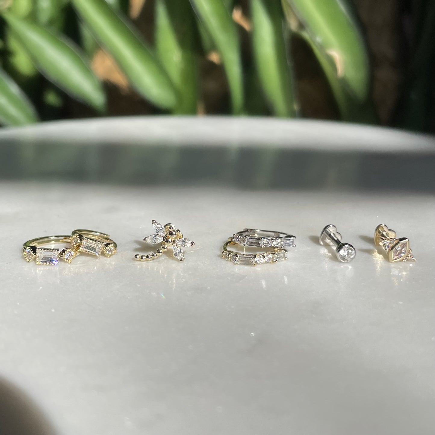 9k solid yellow gold 8mm ornate crystal huggie earring